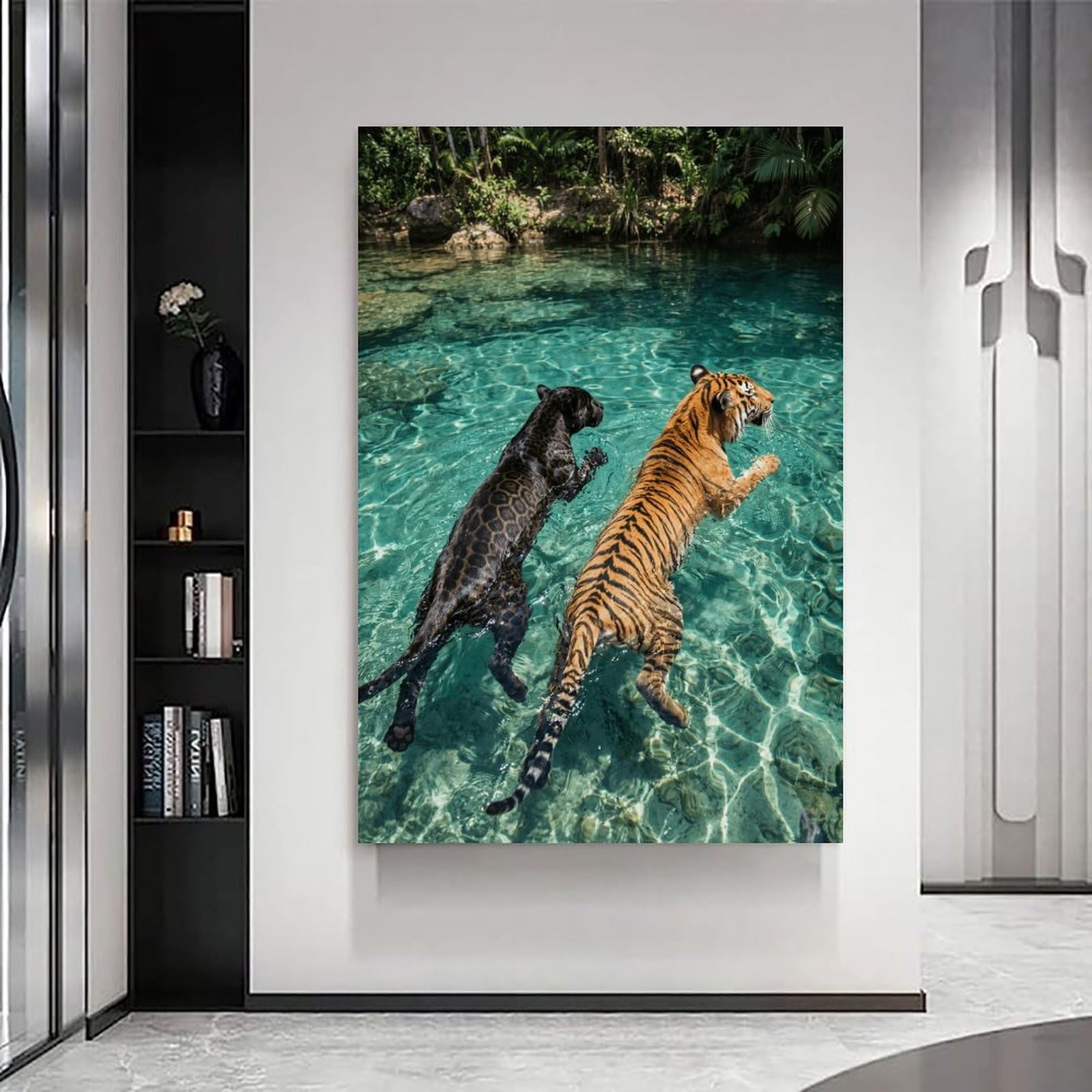 Póster de tigre y blanco nadando en el río de la selva, impresión en lienzo de gatos salvajes, arte de pared tropical para amantes de la naturaleza, 60 x 90 cm