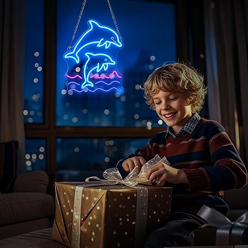 Miniatura 3 de Letrero de neón de delfín, decoración de pared de lámpara de delfín, decoración de fiesta de cumpleaños regulable para el hogar, patio, jardín,