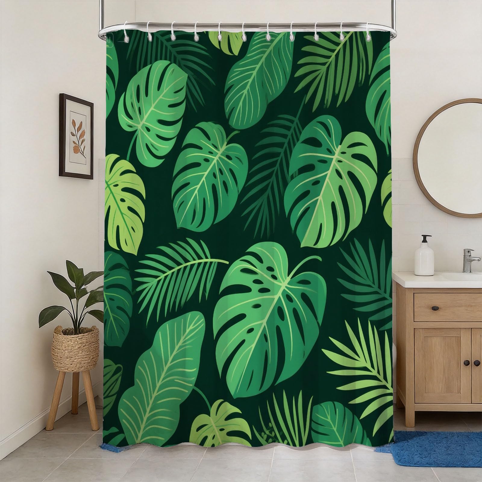 Hongduo 3D Monstera Leaf Shower Curtain for Stalls Bathtubs Natural Bathroom Decor Shower Curtain Set Polyester Fabric Waterproof 120x180cm/48X71 Inch with Hooks