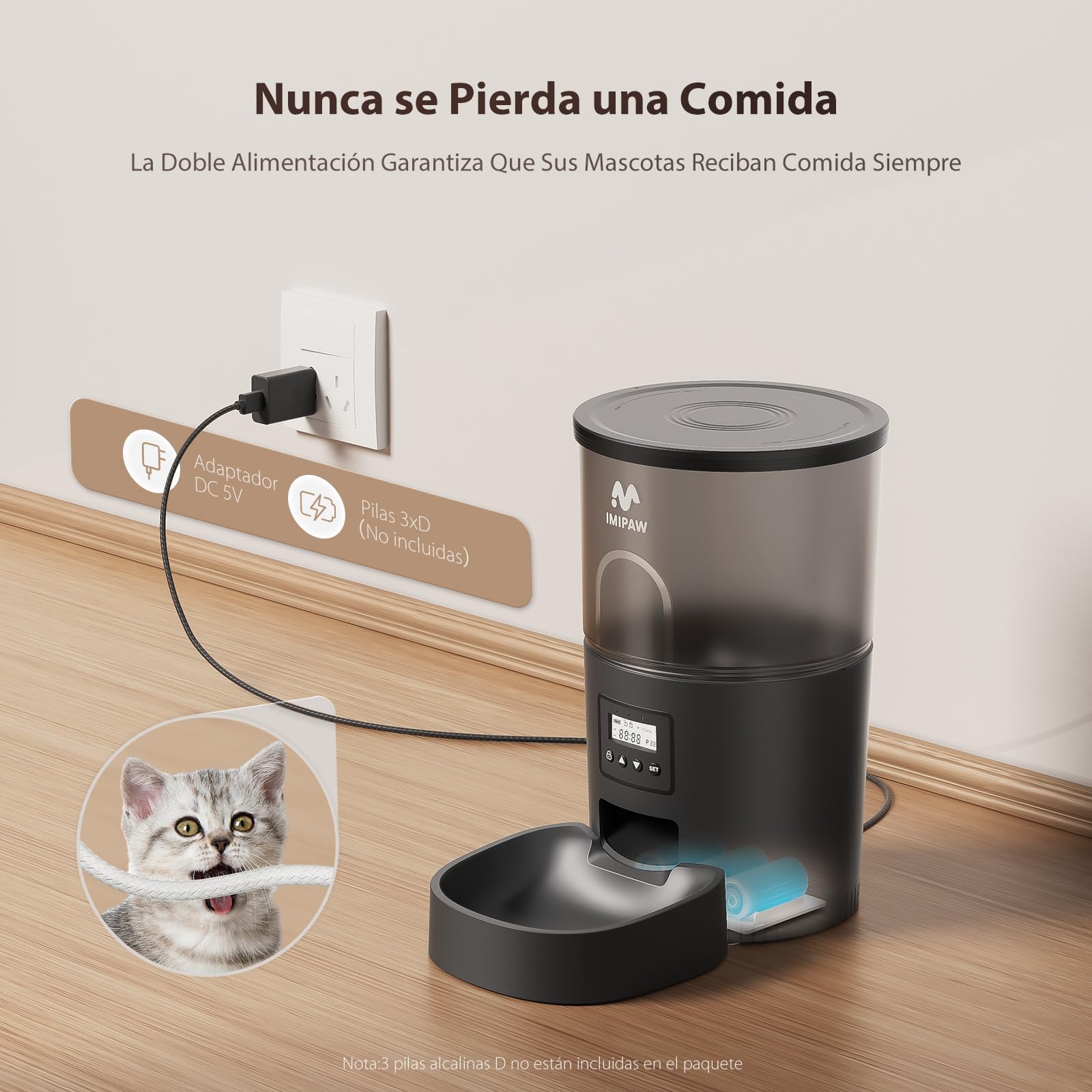 IMIPAW Comedero Gato Automatico y Fuente para Gatos Combo, Dispensador Comida para Perros, Gatos, 1-6 Comidas al Día, 1-20 Porciones por Comida, 3L Combo (Negro - Botón)