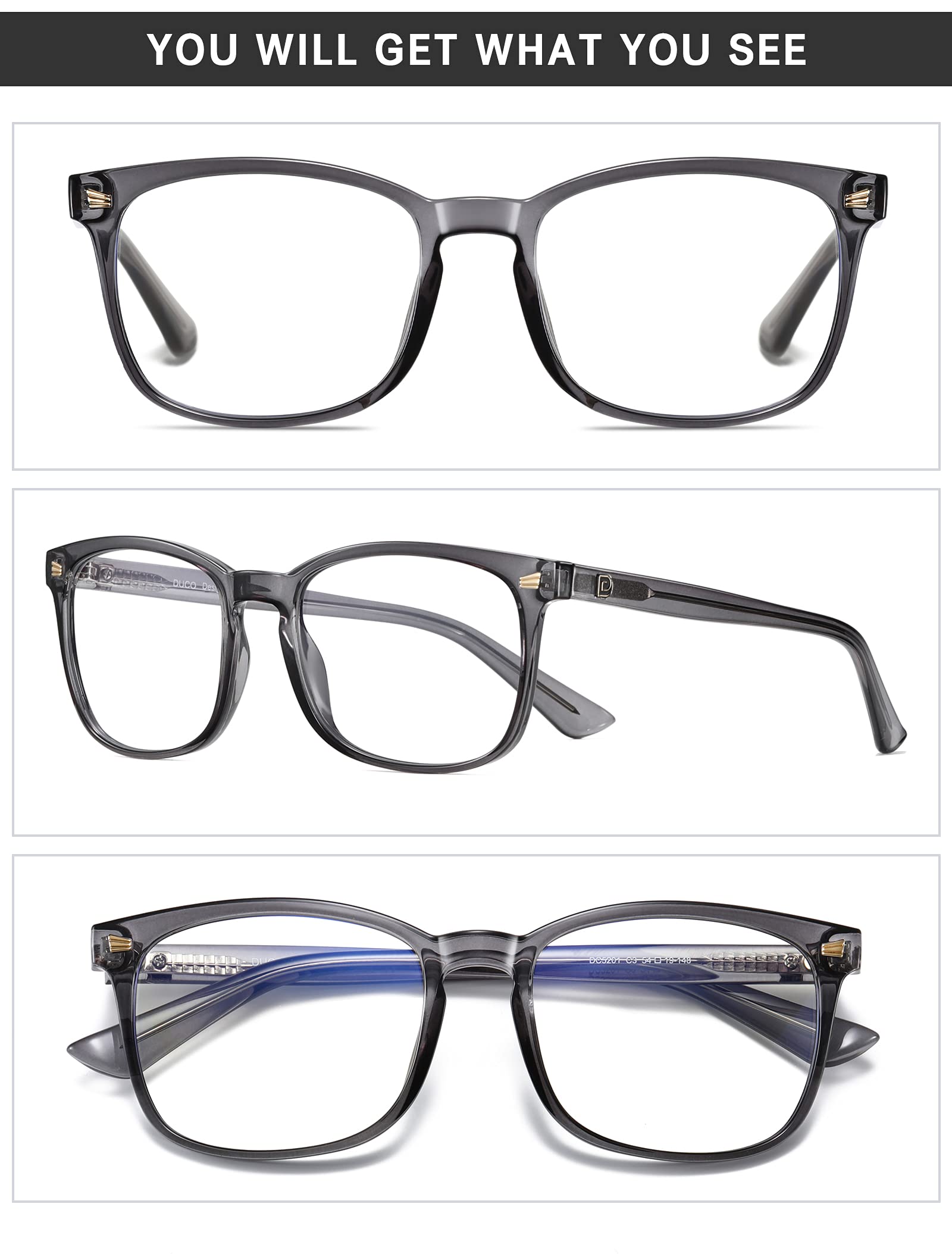 DUCO Blue Light Blocking Glasses Computer Gaming Glasses Women Men Blue Light Blocker Eyeglasses Square Frame Anti Eye Eyestrain Grey 5201S