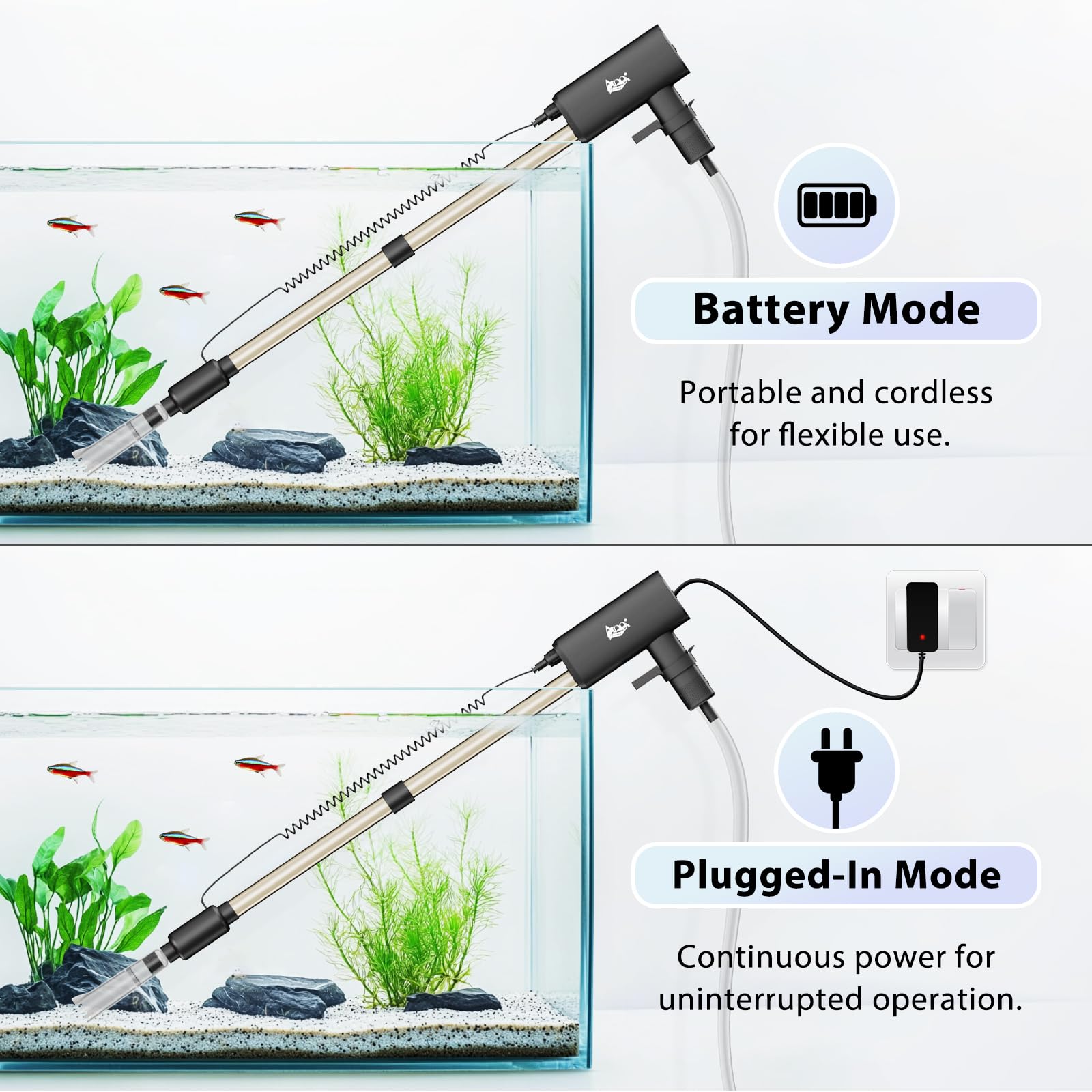 AQQA Limpiador de grava al vacío para acuario, 20 W, eléctrico, recargable, herramientas para cambio automático de agua, limpieza de desechos y lavado de arena, fuerte succión con 4 velocidades