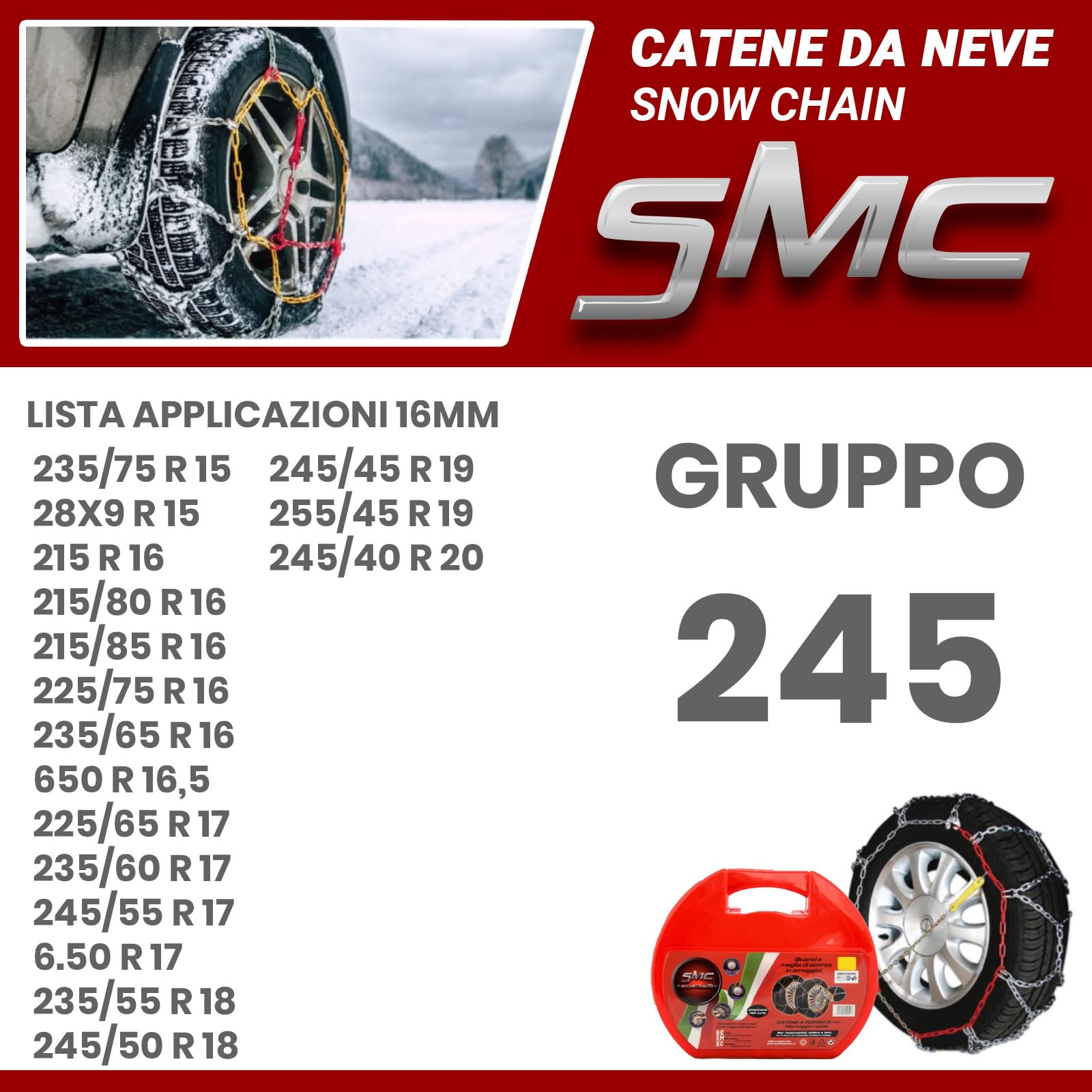 Catene da Neve OMOLOGATE O-Norm TUV SMC 16mm per Pneumatici GOMME 255/45 R 19