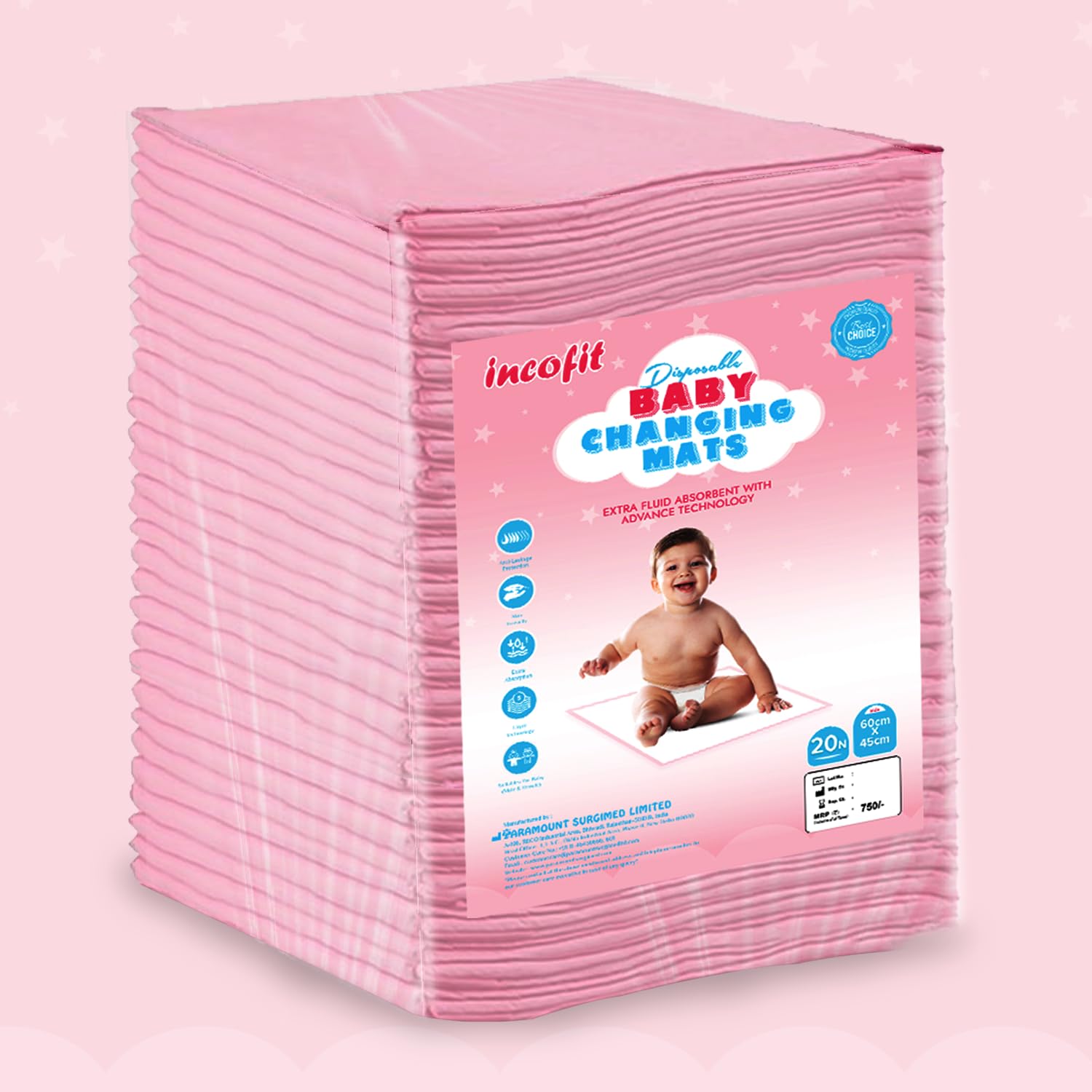 Incofit 20 Count 60x45 CM Pink Baby Disposable Underpad | Changing Mats | Changing Pads | Baby Waterproof Pads | Breathable Underpads | Bed Protector with 100% Water Proof Non Slip Back Sheet