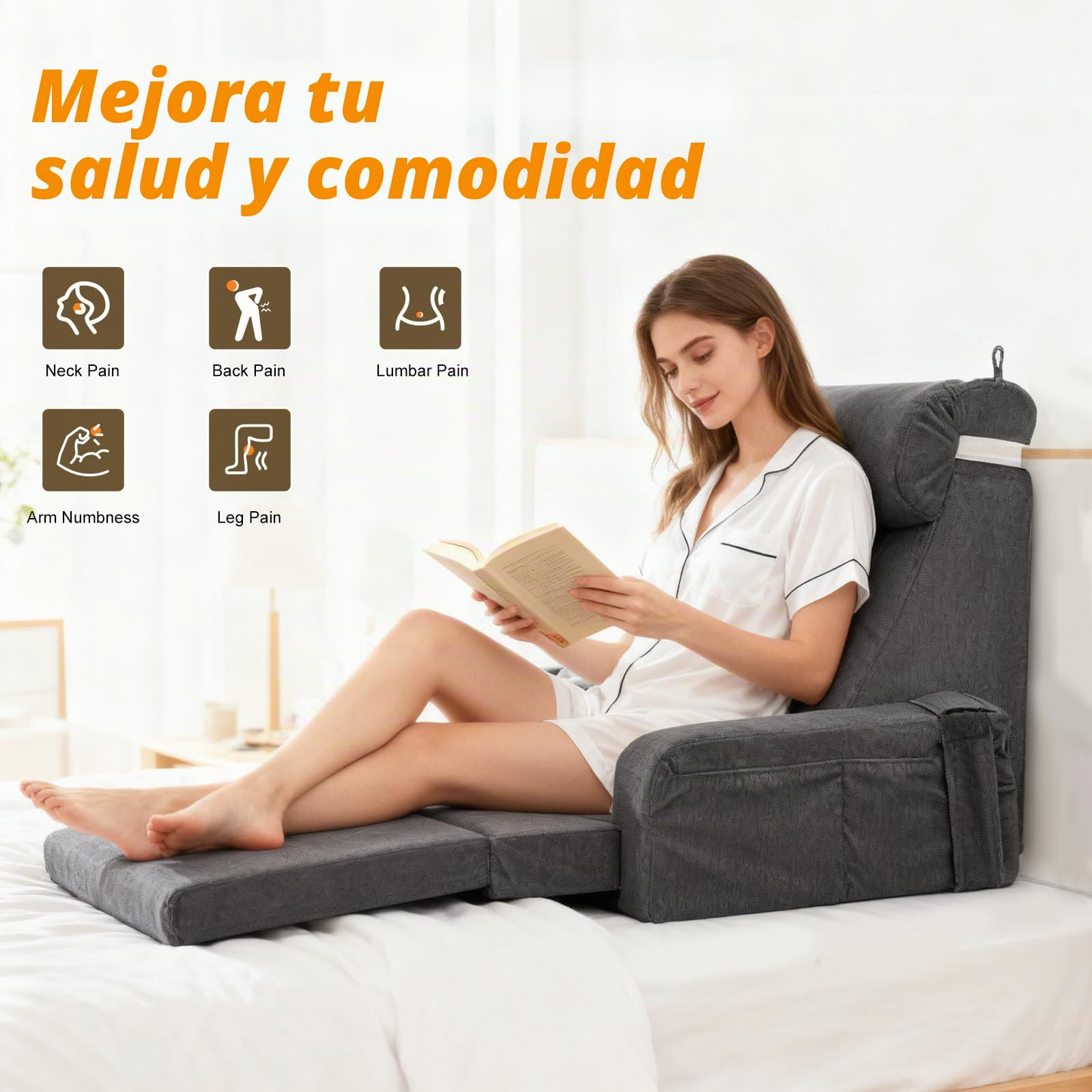 Cojín grande de lectura con reposacabezas y reposabrazos extraíbles, hueso de lectura para adultos con funda lavable de fibras largas, cojín ergonómico para respaldo de respaldo para leer