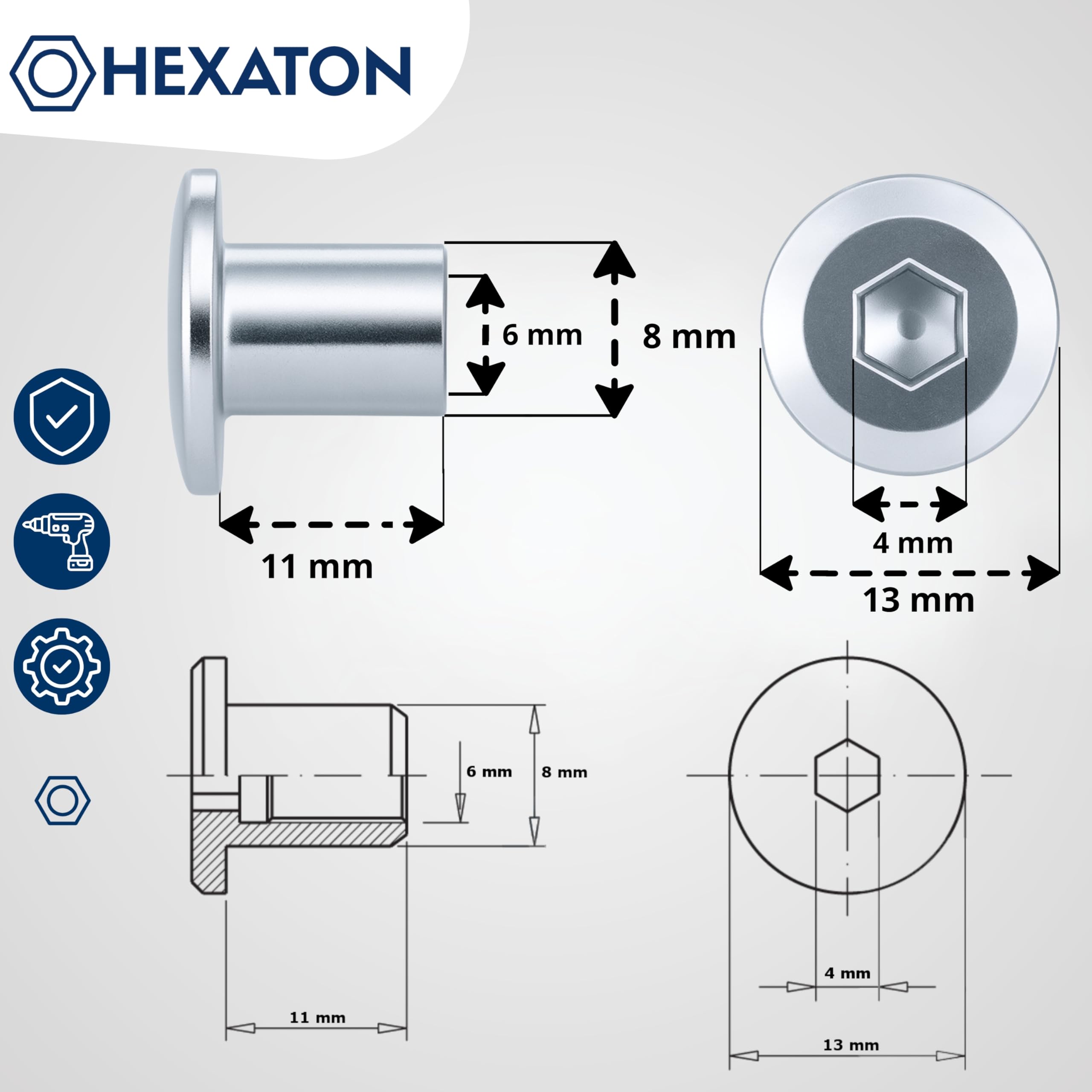 HEXATON Dadi a Manicotto M6 x 13 x 11 mm - 10 Pezzi - Dadi Esagonali per Mobili a Testa Piatta con Flangia e Cava Esagonale - Acciaio Zincato