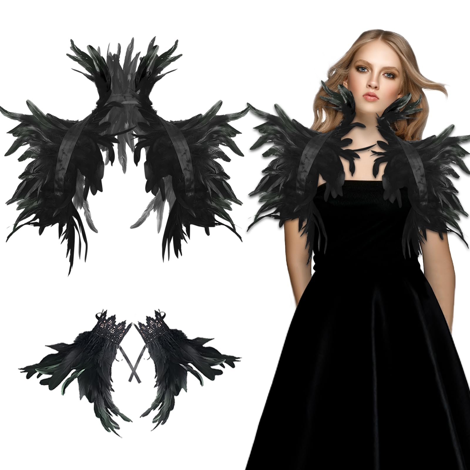 shallyong Feather Cape Black Feather Cape with Feather Cuffs Shrug Shrug Epaulettes Feather Women for Halloween Carnival Cosplay Masquerade