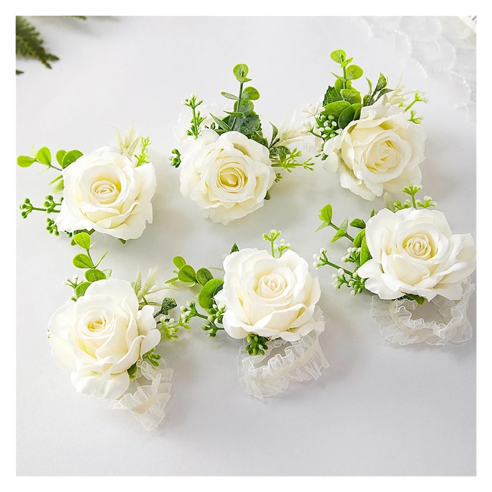 Ansteckblume 6 Stücke Weiß Ros Elfenbein Männer Boutonniere for Hochzeit Blumen Zubehör Prom Anzug Dekorationen Blume(6Pcs Wrist Corsage)