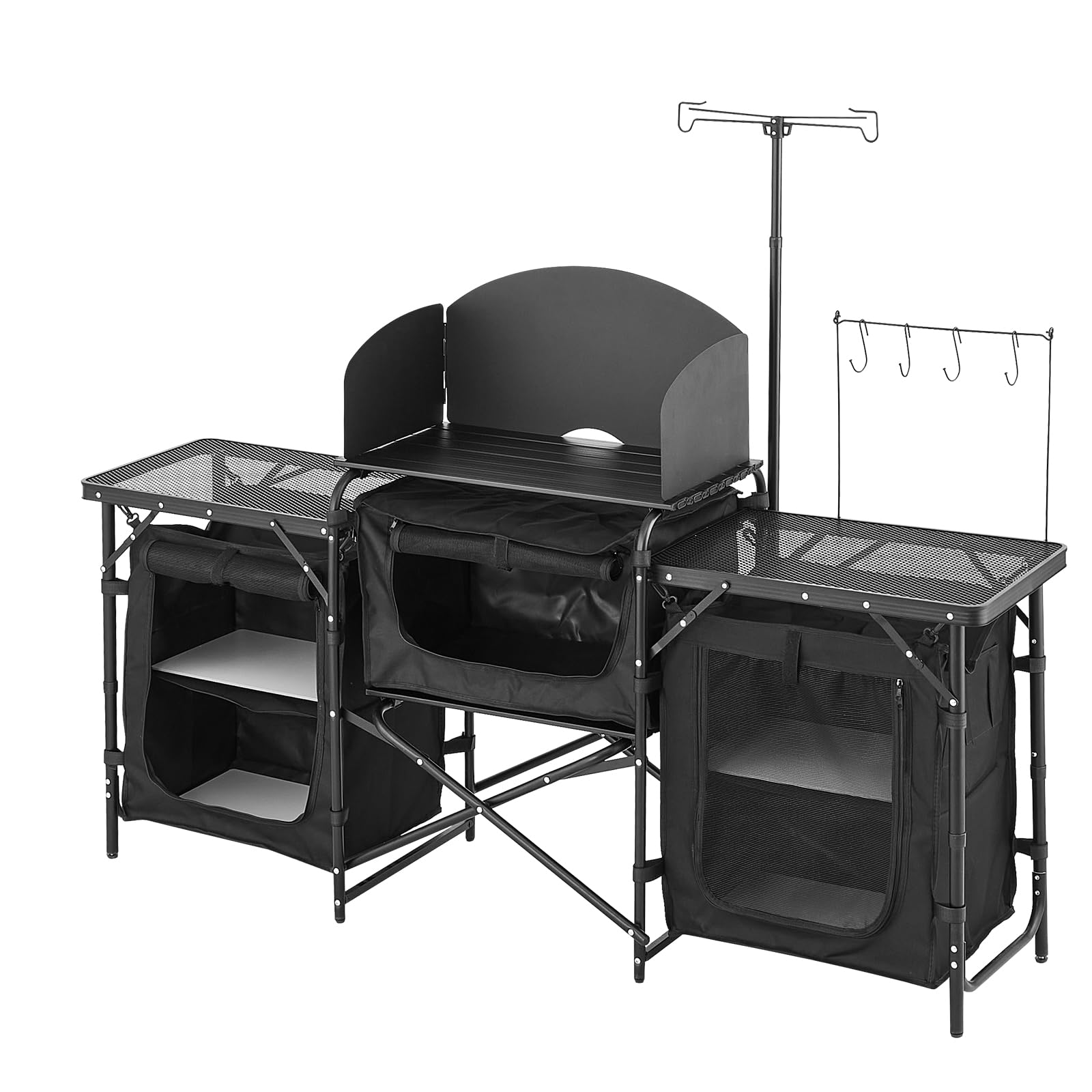 VEVOR Tavolo da Cucina da Campeggio all'Aperto, Stazione di Cottura Portatile in Alluminio con 3 Armadietti Portaoggetti, Borsa per Trasporto, Parabrezza Staccabile, per Barbecue, Festa, Picnic, Nero