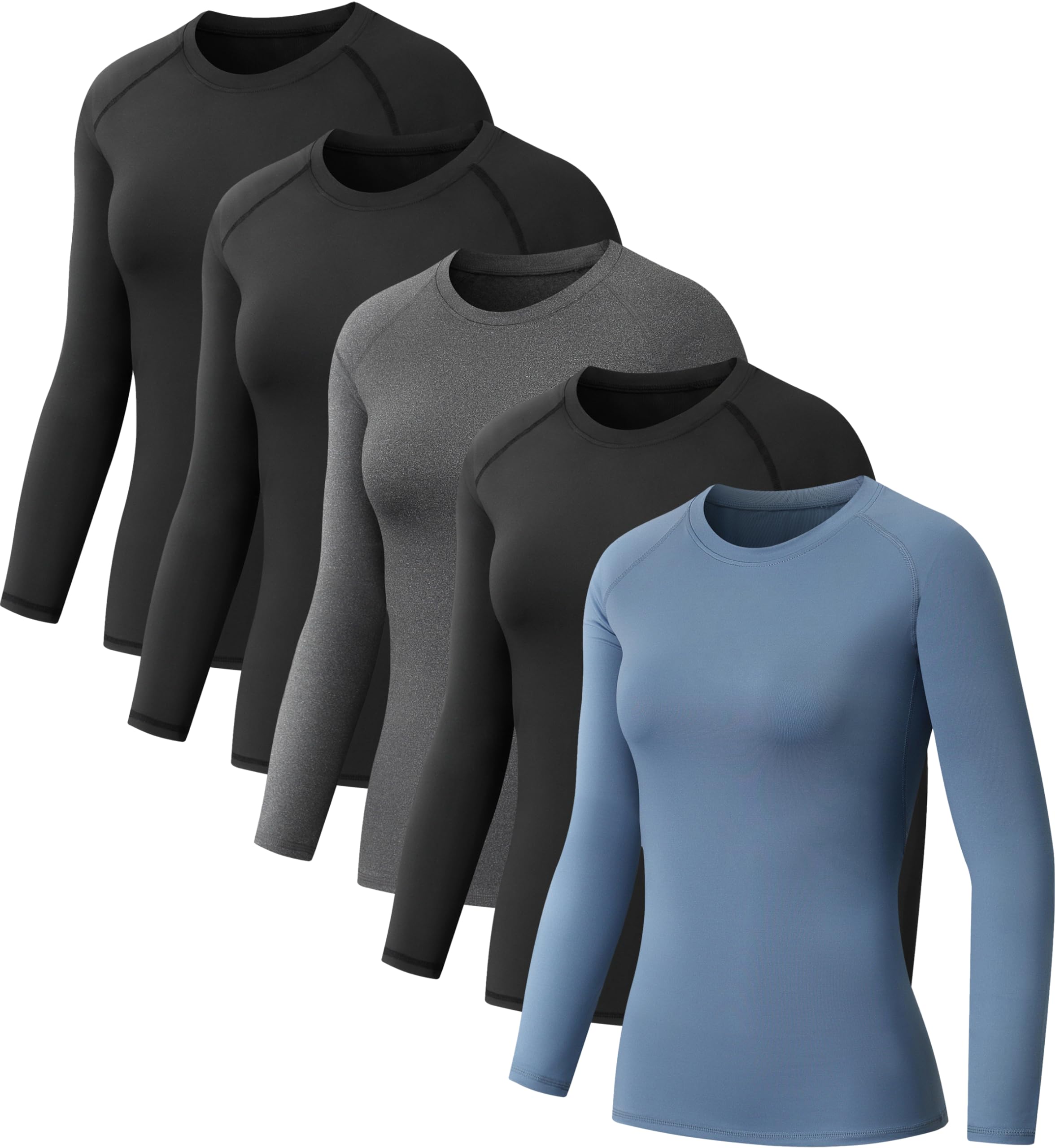 NebuKinex Lot de 5 t-shirts de compression pour femmes à manches longues pour l'entraînement, sous-vêtements de sport à séchage rapide, pour la gym, le yoga et la course à pied