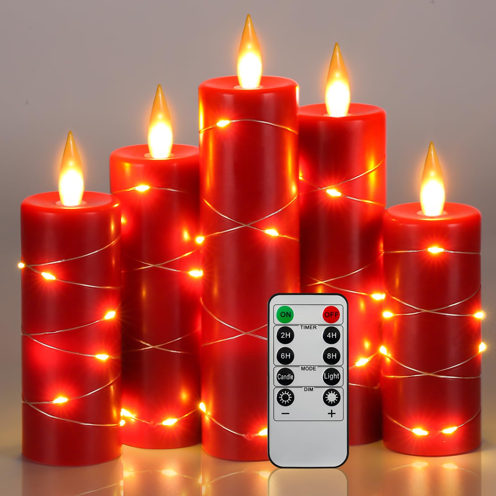 – Flameless Candles 5-Pack Fairy String Lights LED Candles,360 Degree Viewing Angle, with Starry String Lights, with 10-Key Remote Control, 24-Hour Timer Function, Dancing Flame, Real Wax(Red).