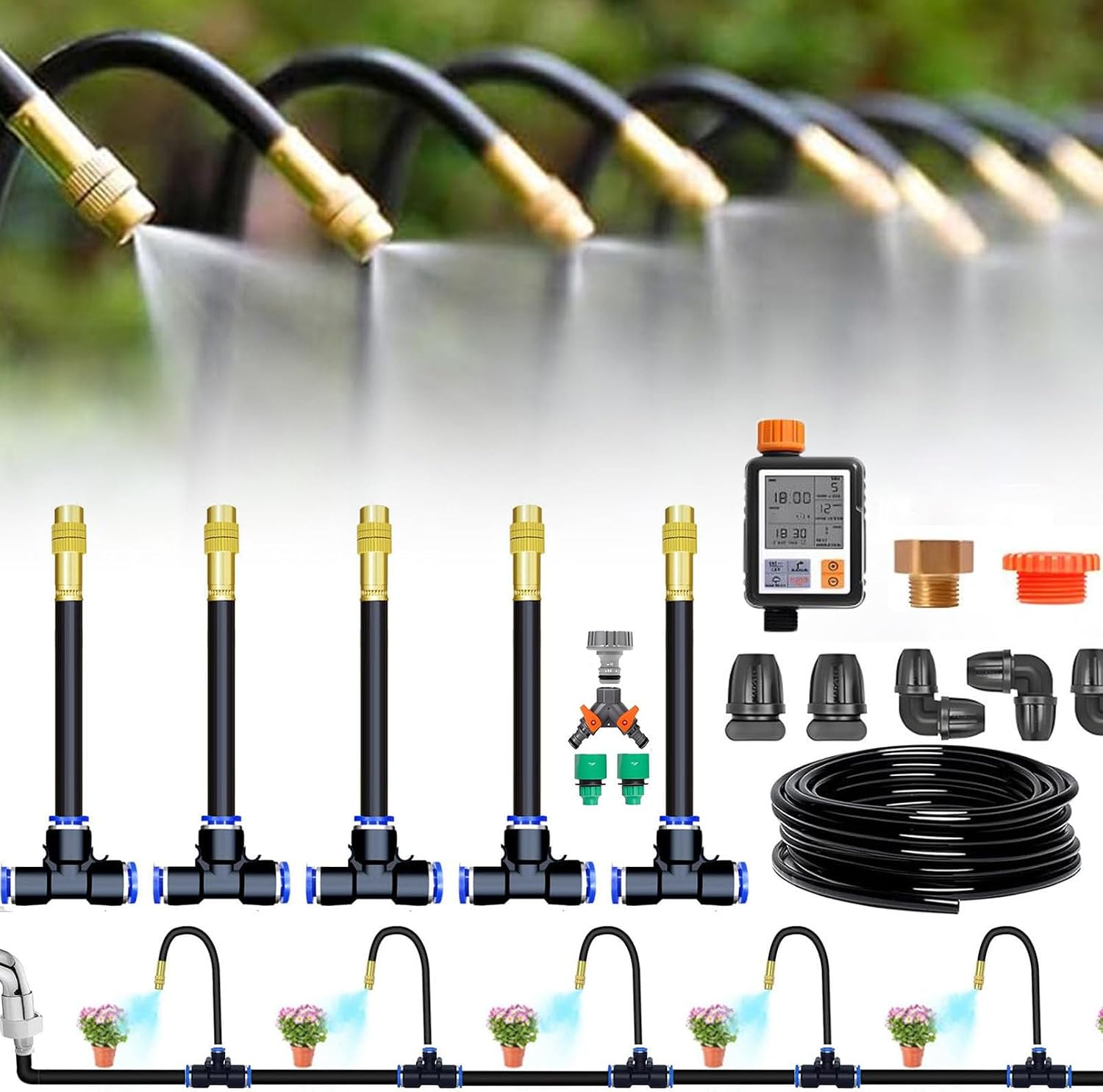 Irrigation System Kit, Quick Connector Automatic Garden Watering System for Outdoor Plants, 3/4'' + 1/2'' Tubing DIY Greenhouse Drip Irrigation Kit for Lawn, Flower Beds, Patio,20m/65.6ft+Timer