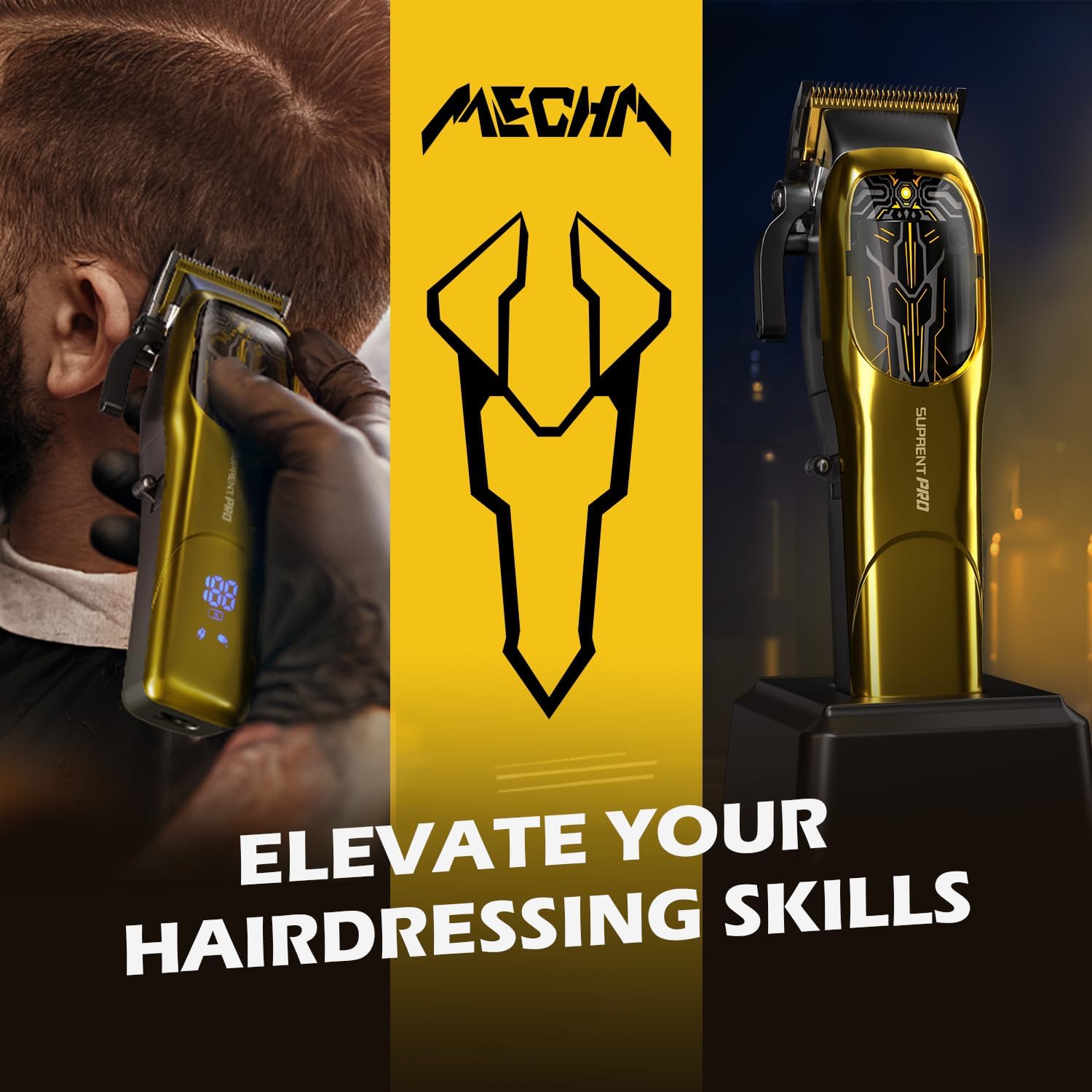 SUPRENT Professional Hair Clippers for Men - High Torque Brushless Motor with Diamond-Like Carbon Coating Ceramic Blade, Cordless Hair Clippers Set with Charging Base (Gold)