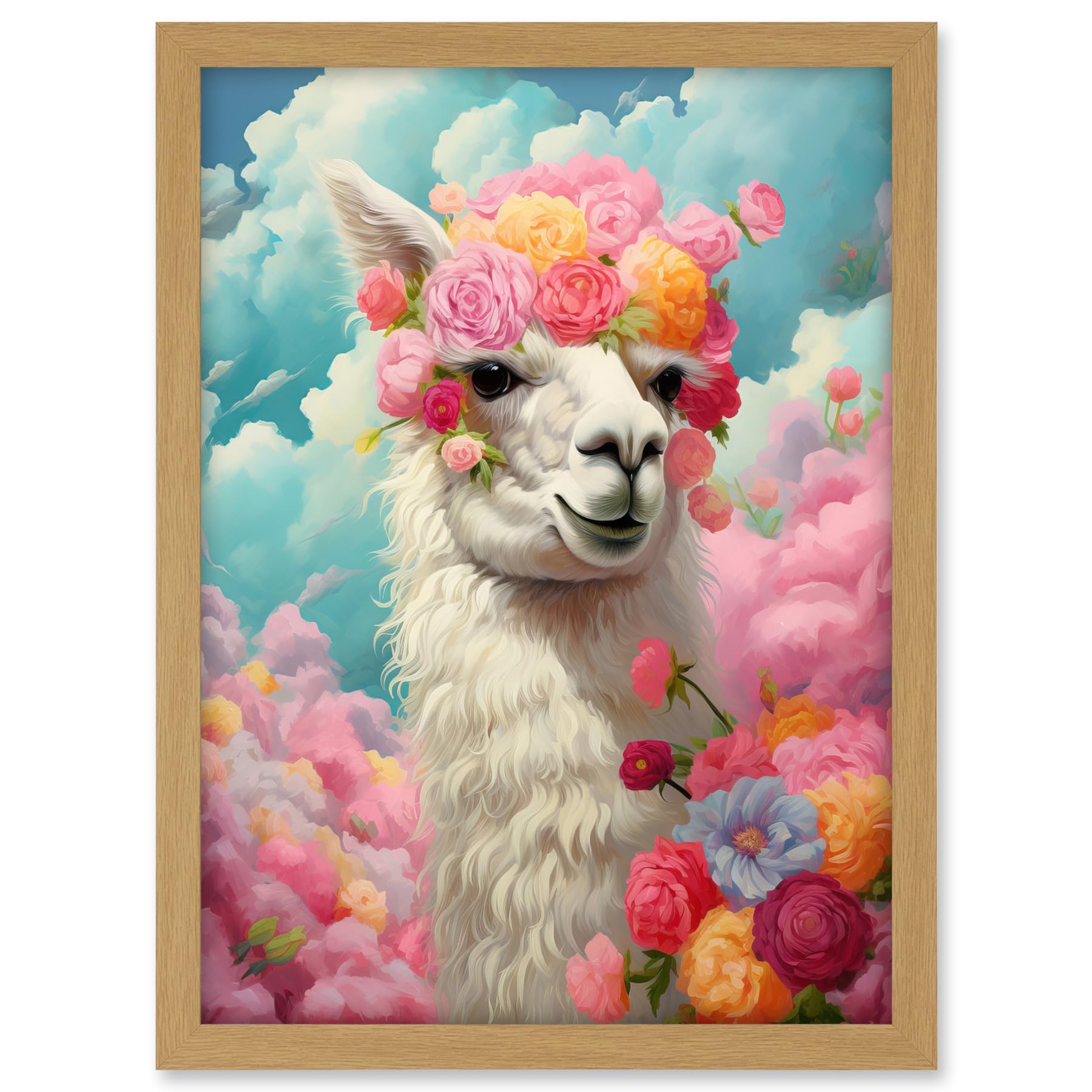 Artery8 Head in the Clouds Conceptual Artwork Fabulous Carefree Llama with Rose Flower Headband Kids Room Artwork Framed A3 Wall Art Print