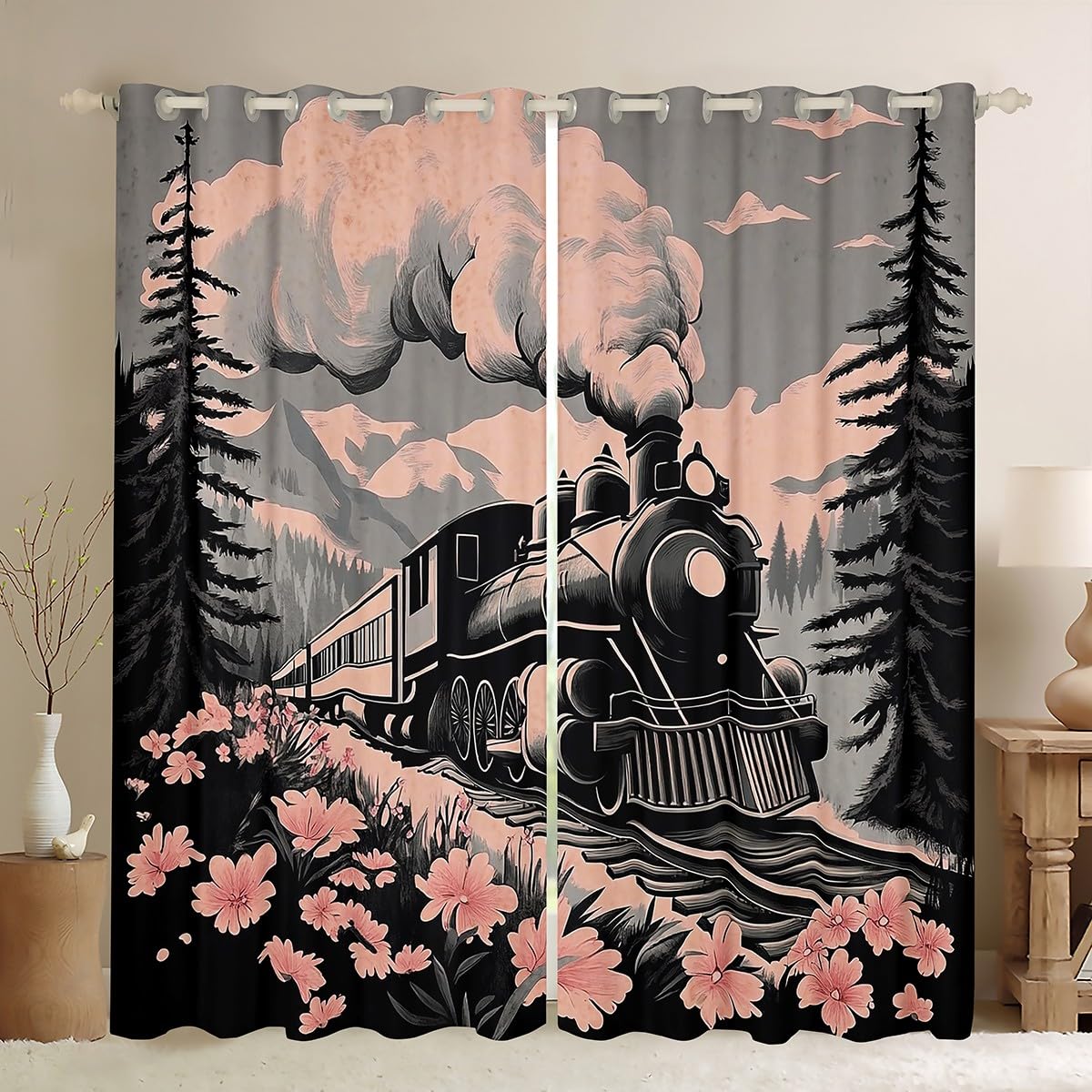 Homemissing Train Curtains (2 Panels,W66*L72) For Bedroom Kids Girls Boys Teens Floral Print Window Curtains 60S 70S Blackout Curtains Flowers Pattern Botanical Blossom Window Treatments