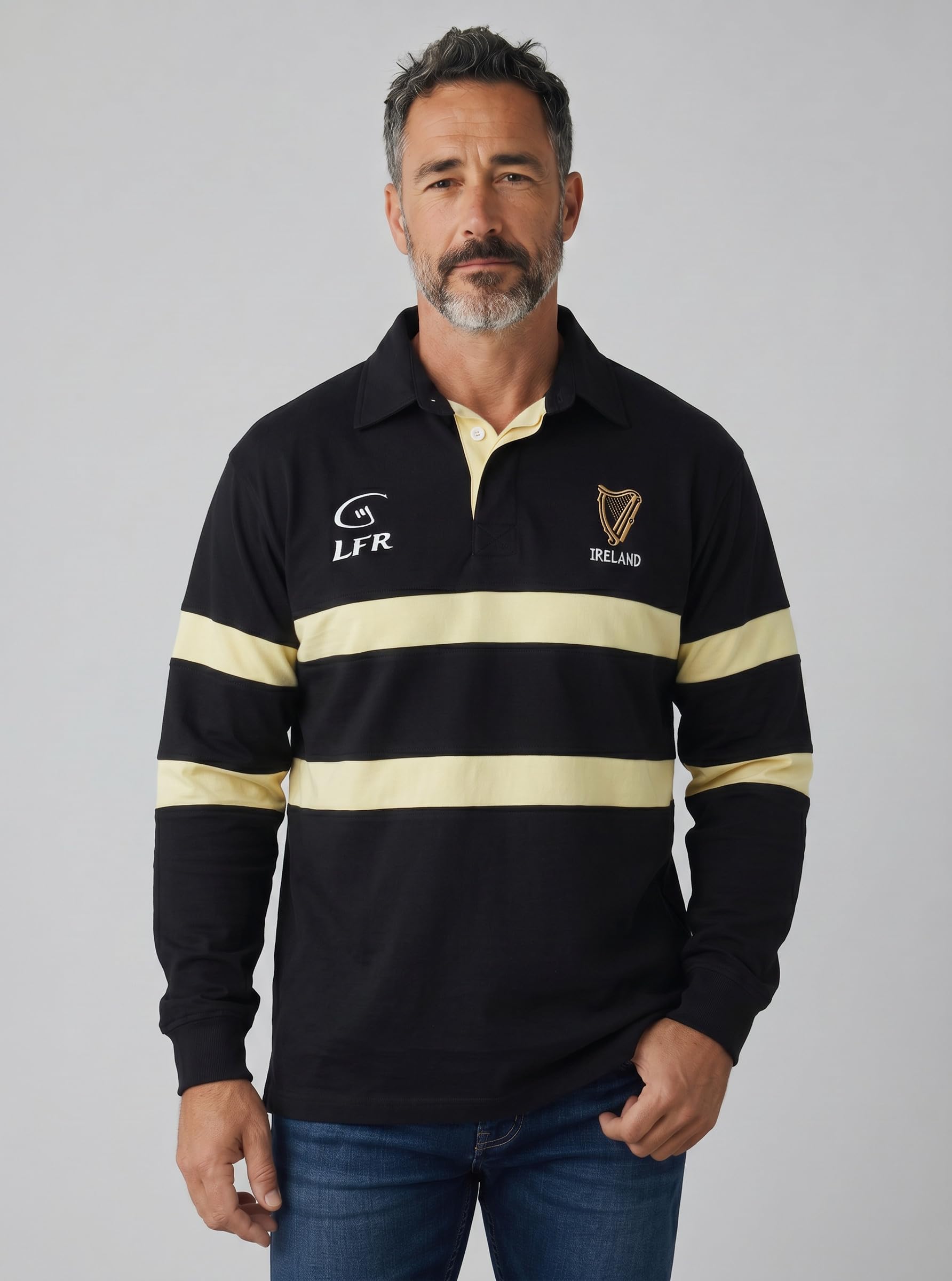 Irlanda Harp - Camiseta de rugby de manga larga, color negro y crema (S-XXXL)