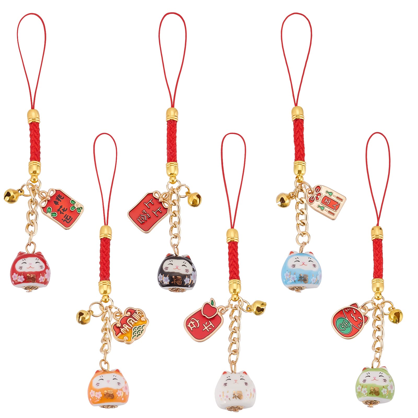 WEBEEDY Set 6 Portachiavi Gatto Portafortuna Maneki Neko - Giapponesi In Ceramica Per Chiavi, Borse E Zaini