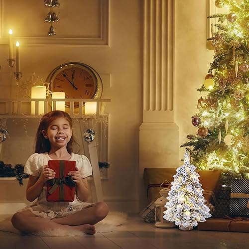 Miniatura 3 de 2 piezas preiluminado árbol de Navidad de mesa nevado con luces LED, base de madera, mini árbol de pino de Navidad para mesa, escritorio, decoración