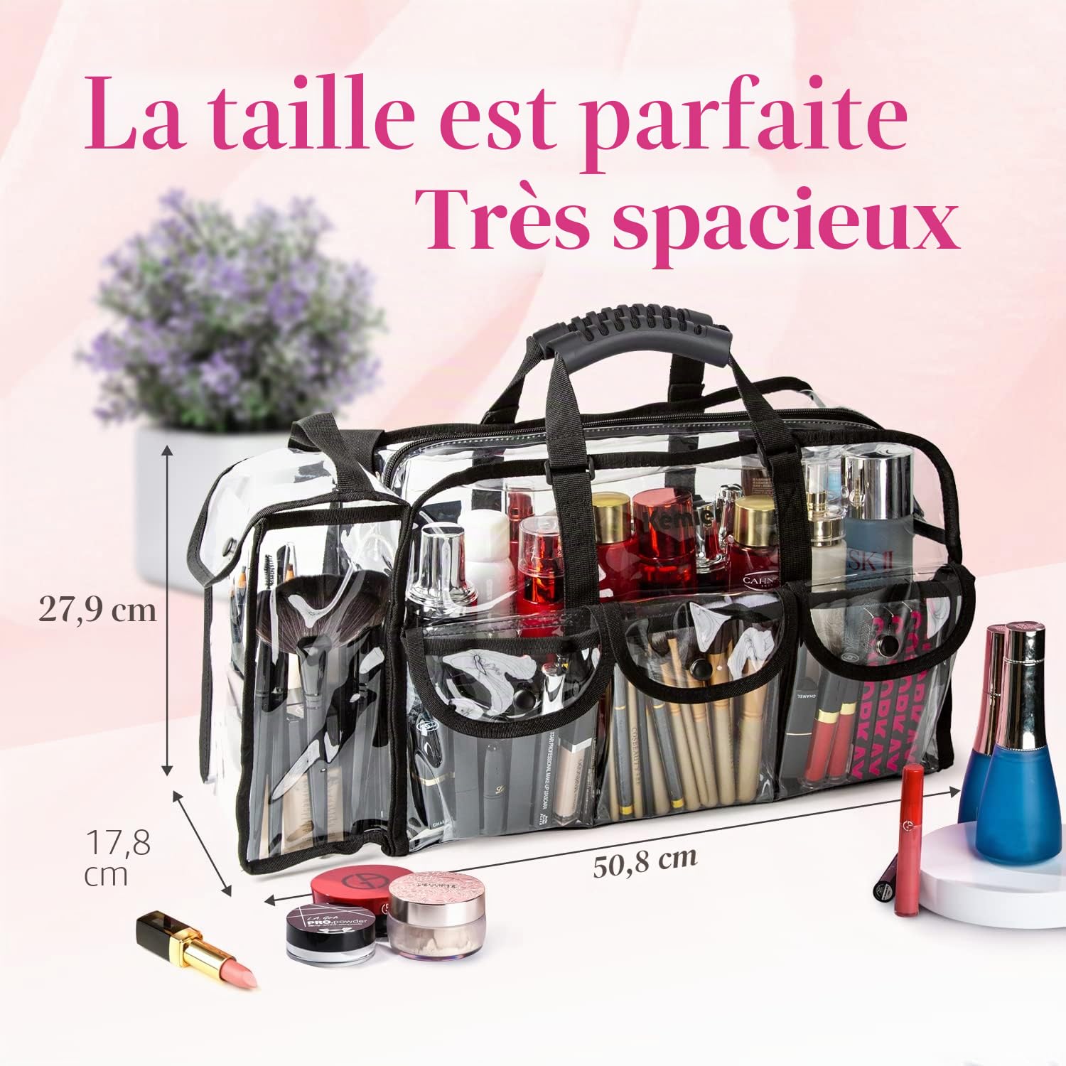 Sac Transparent de Trousse de Maquillage pour Voyage avec 6 Grandes Poches Extérieures étui de Rangement Cosmétique avec Bandoulière
