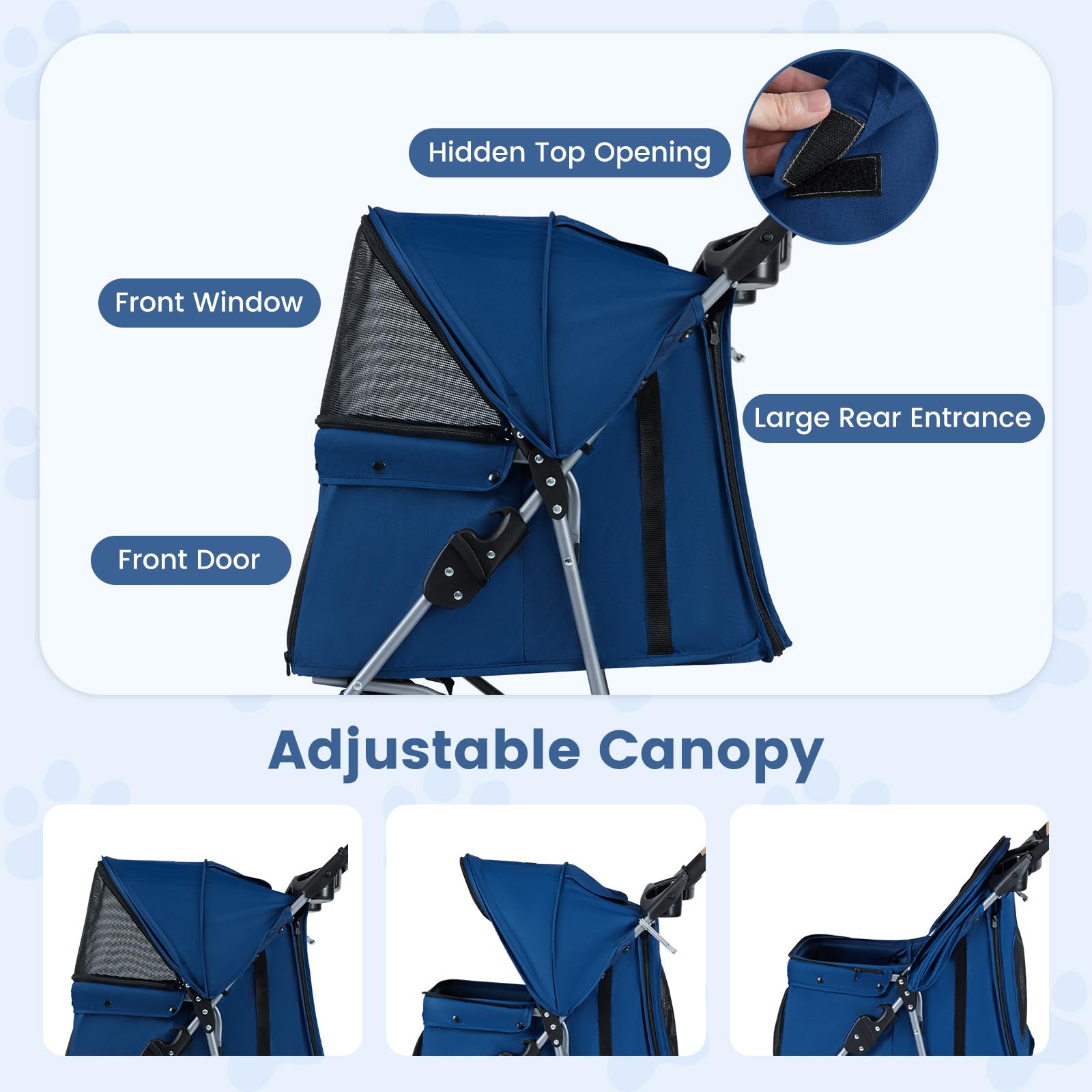 FANTASK Haustierwagen klappbar, Hundebuggy 3 Rad bis 15 kg mit verstellbarem Sonnendach & Polster, Katzenbuggy mit Netzfenstern Griff Korb für Hunde Katzen, Blau