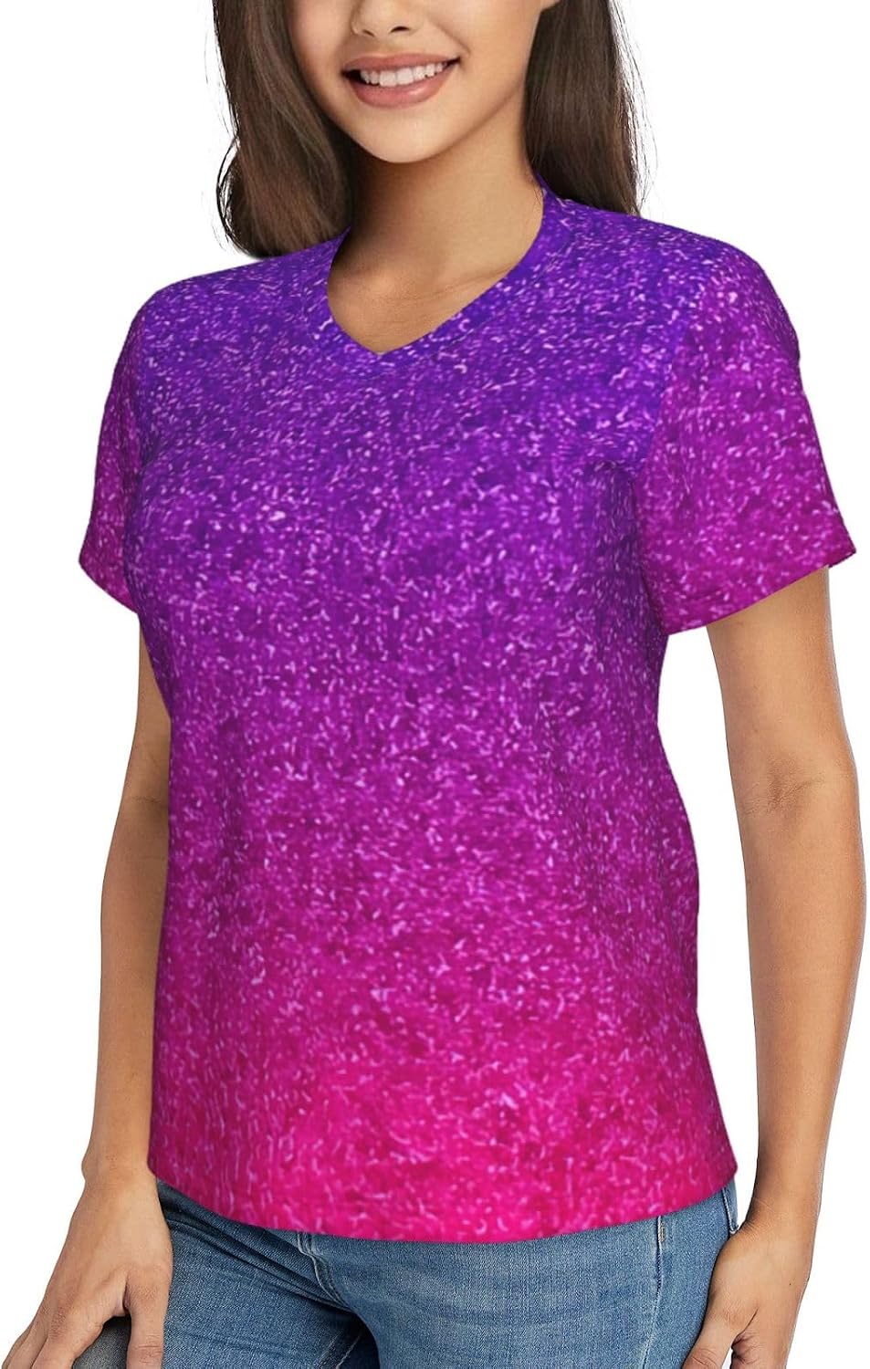 Womens Gradient Sequin Sparkle Print Short Sleeve V Neck T-Shirts Casual Breathable Tee Basic Summer Tops 2026