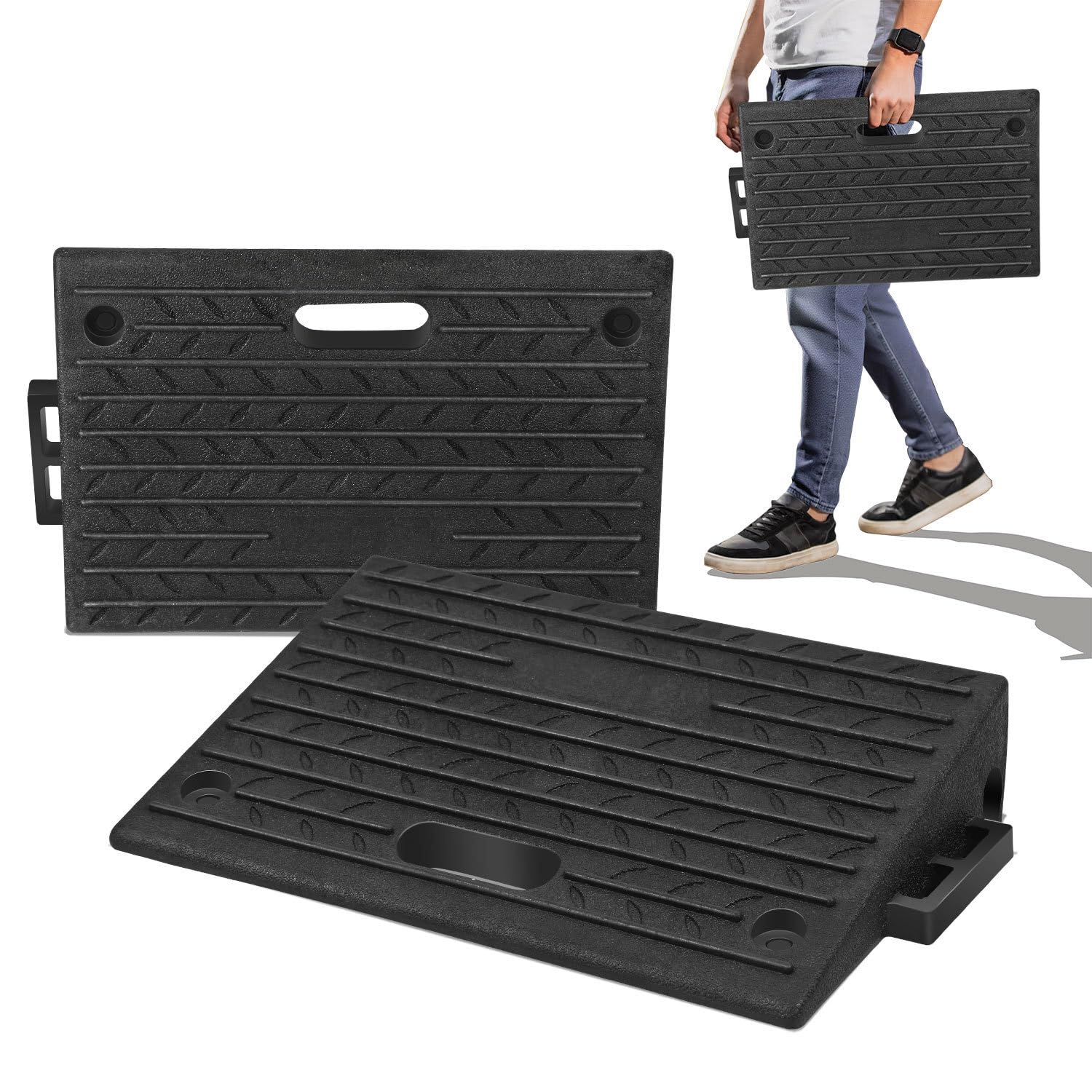 Fiqops 2 unidades de rampa de goma para bordillos, 10 cm de alto, portátil, 50 x 32 x 10 cm, para silla de ruedas y coche, umbral con asa