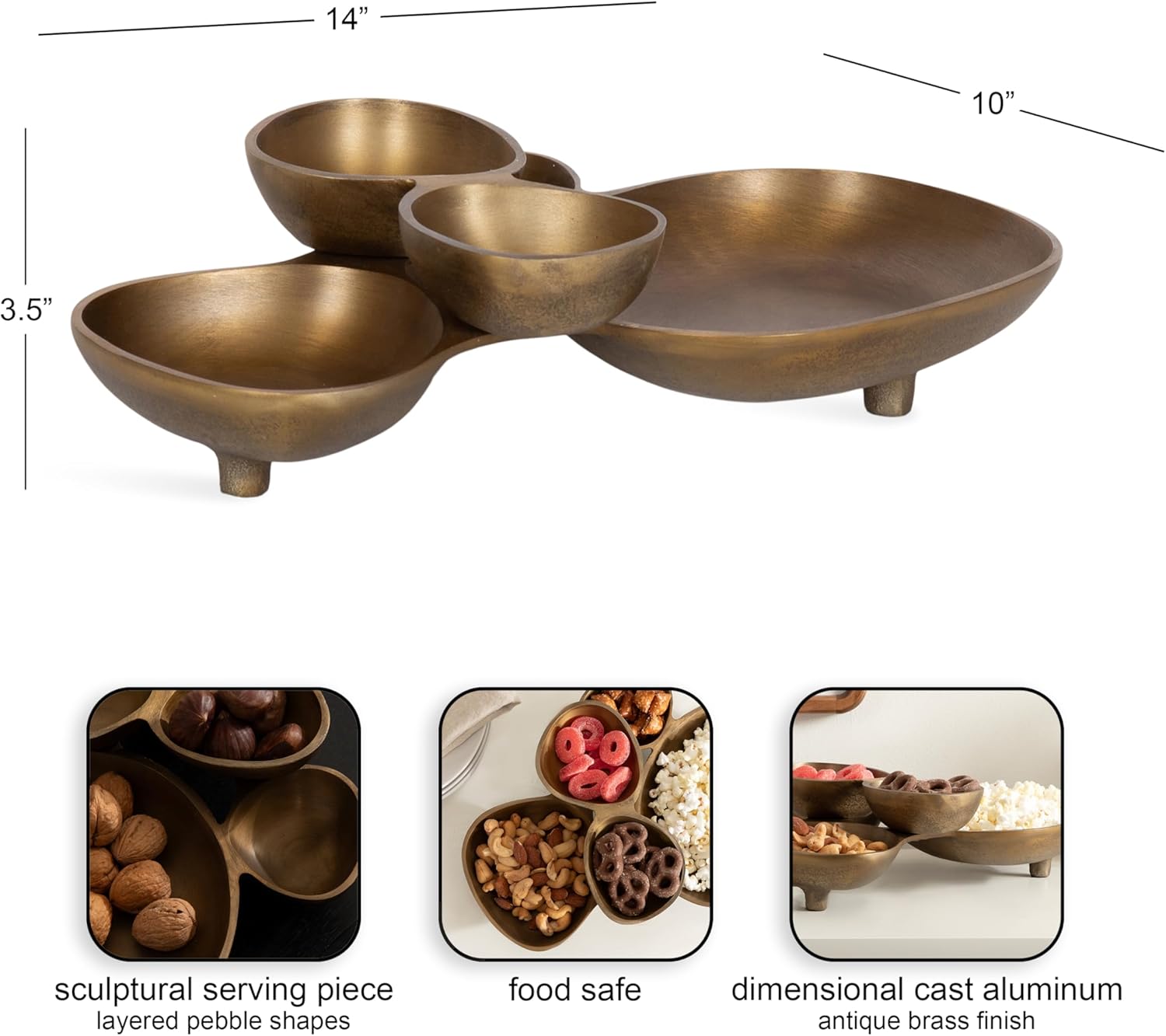 Kate and Laurel Cluso Modern Metal Tabletop Footed Cluster Tray, 14 x 10, Antique Brass, Sculptural Cast Aluminum Food-Safe Tray for Kitchen or Entryway Decor