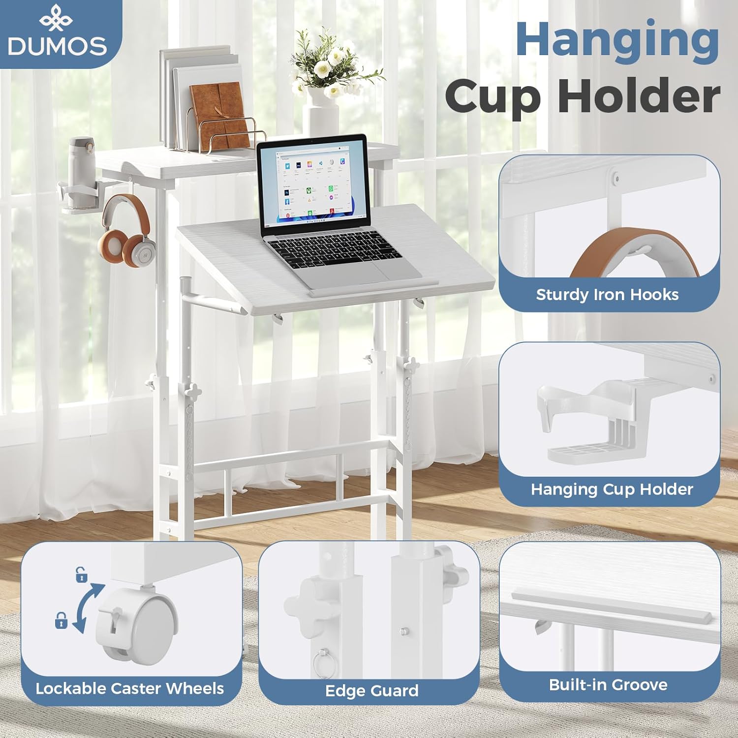 DUMOS Split Top Rolling Standing Desk, 23.6 Inch Mobile Laptop Computer Desk, Manual Adjustable Height Workstation on Wheels, Sit Stand Office Table, Walking Pad Study Desk, White