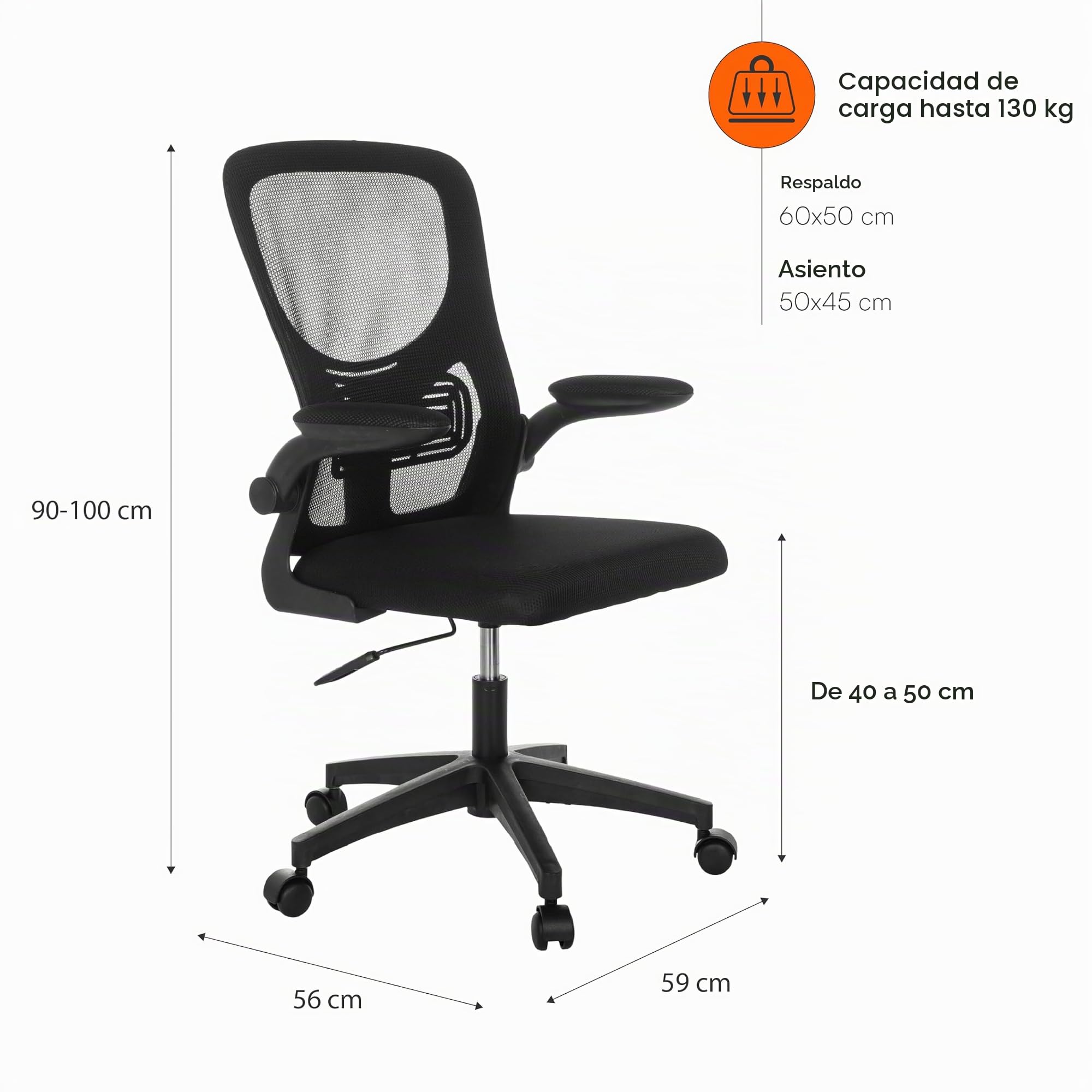 Baroni Home Silla de oficina ergonómica con soporte lumbar, reposabrazos reclinables acolchados, respaldo transpirable, altura ajustable 56 x 59 x 100 cm (negro)