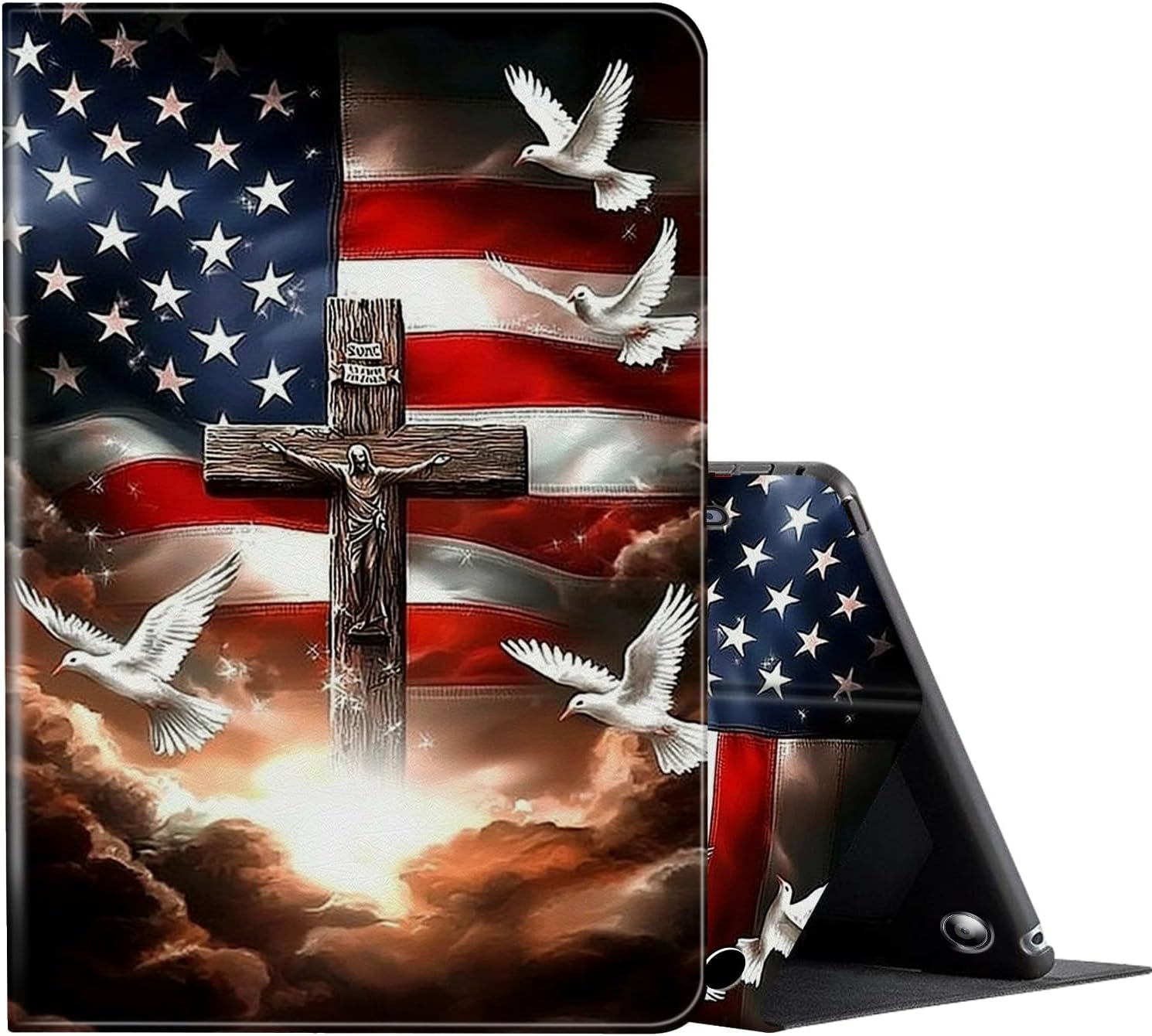 FUYOCWE for Fire HD 10 Tablet Case (13th Generation,2023 Release,10.1"), PU Leather Multi-Angle Folding Stand Smart Flip Cover for Amazon Kindle Fire HD 10 13th Gen-American Flag with Cross Dove