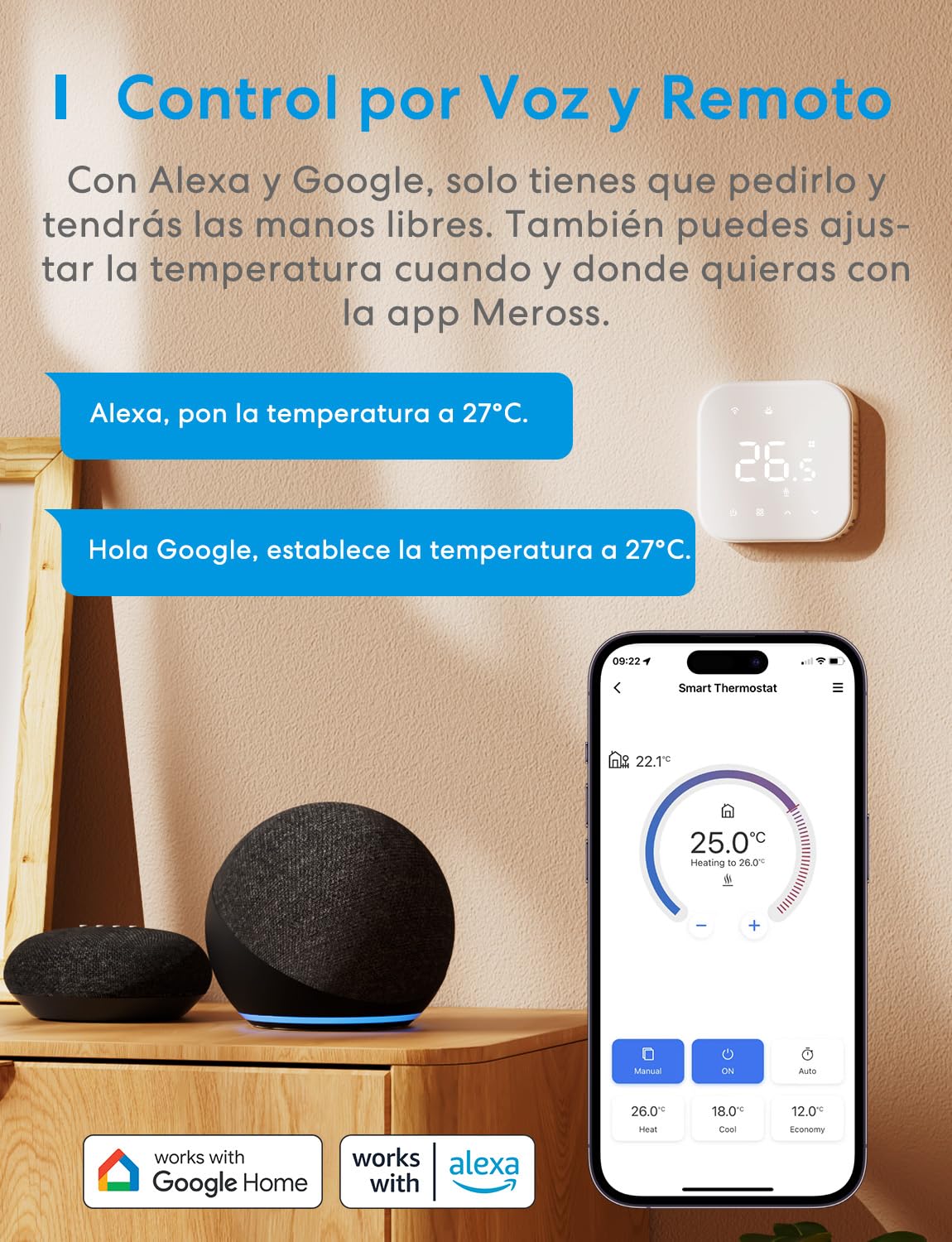 Meross Termostato Calefaccion WiFi para Calderas, Termostato WiFi para Calefacción por Suelo Radiante Agua, Termostato Inteligente de Pared Compatible con Alexa, Google Home, y SmartThings
