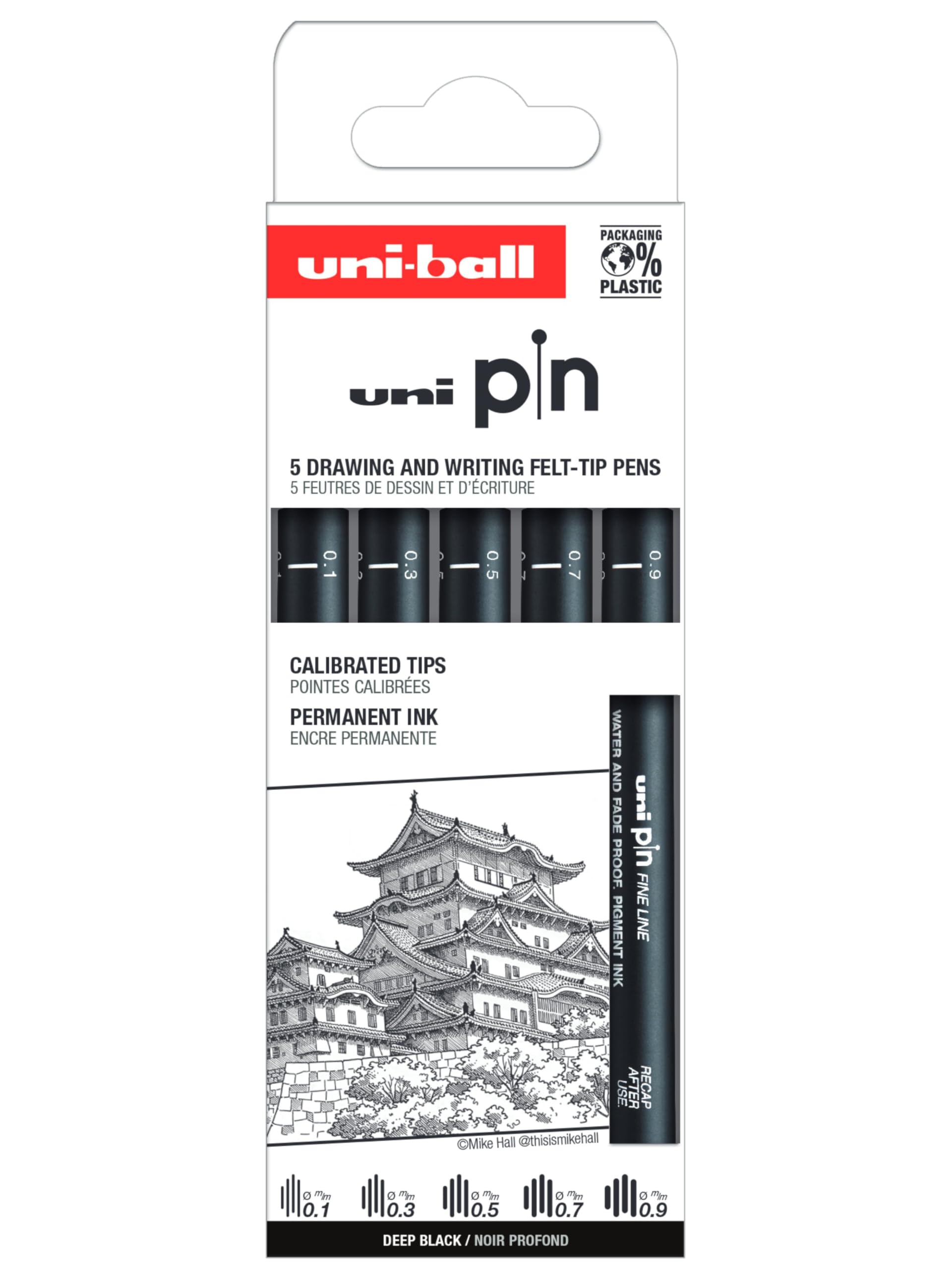 Uni-Ball 5 sztuk pinów etui na markery kalibrowane 0,1 do 0,9 mm kolor czarny klasyczny zestaw I
