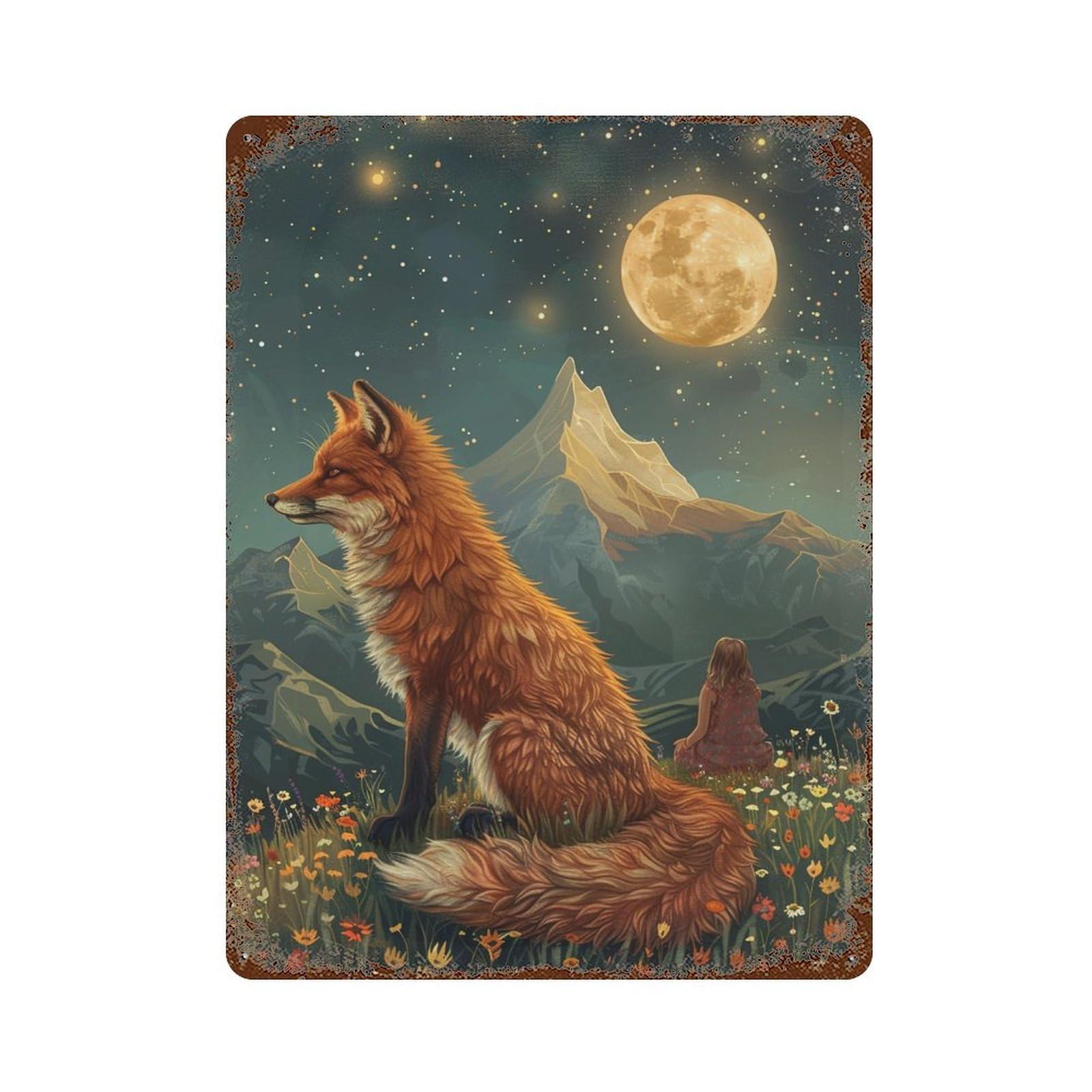 Fox And Moonlit Journey Retro Metal Sign 15.7"x11.8", for Bistro, Counter And Cafe Decor, Rustic Home Decor