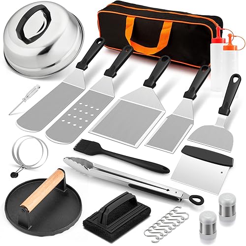 HaSteeL Kit de 18 accesorios para plancha, herramientas Teppanyaki para cocinar a la parrilla de campamento, cúpula de fusión de acero inoxidable,