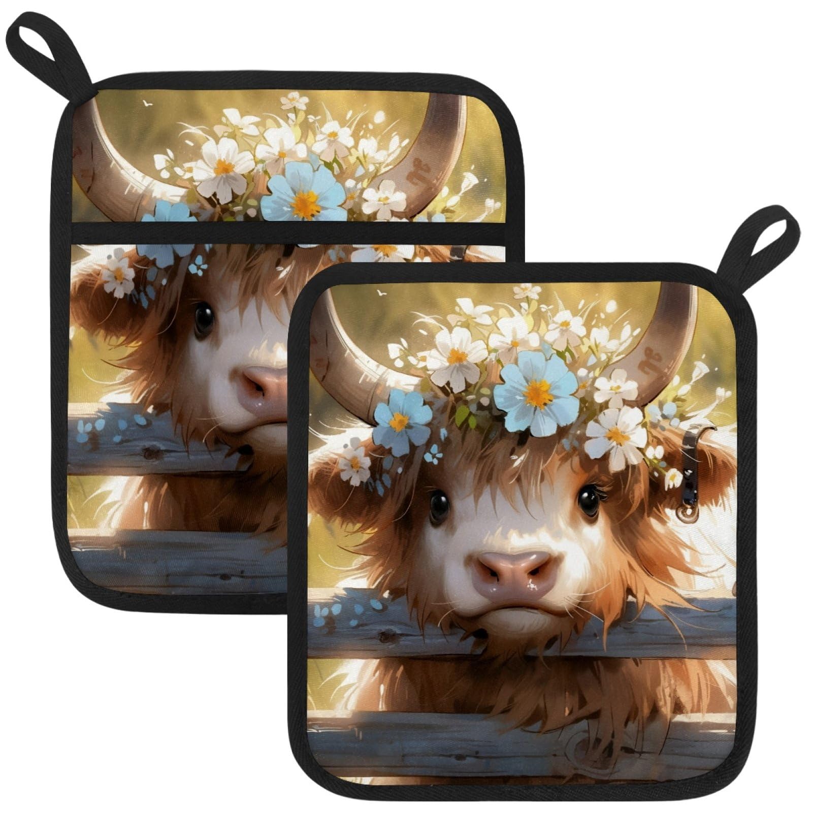 VAPOKF Cute Highland Cattle Pot Holder, Heat Resistant Oven Cloths, Potholders & Oven Gloves, for Kitchen Cooking & Baking, Thick & Safe, Protection of Hands From Hot Utensils
