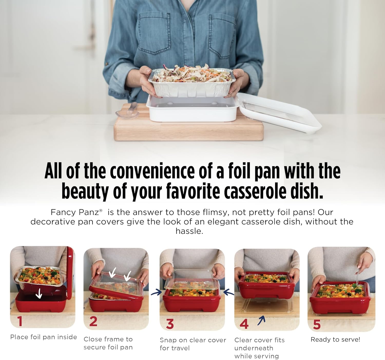 Fancy Panz Bundle, Denim 9x13x2 Red 8x8, Made in the USA Foil Pan Carrier, Travel Casserole Carrier with Disposable Aluminum Pans & Reusable Serving Spoons