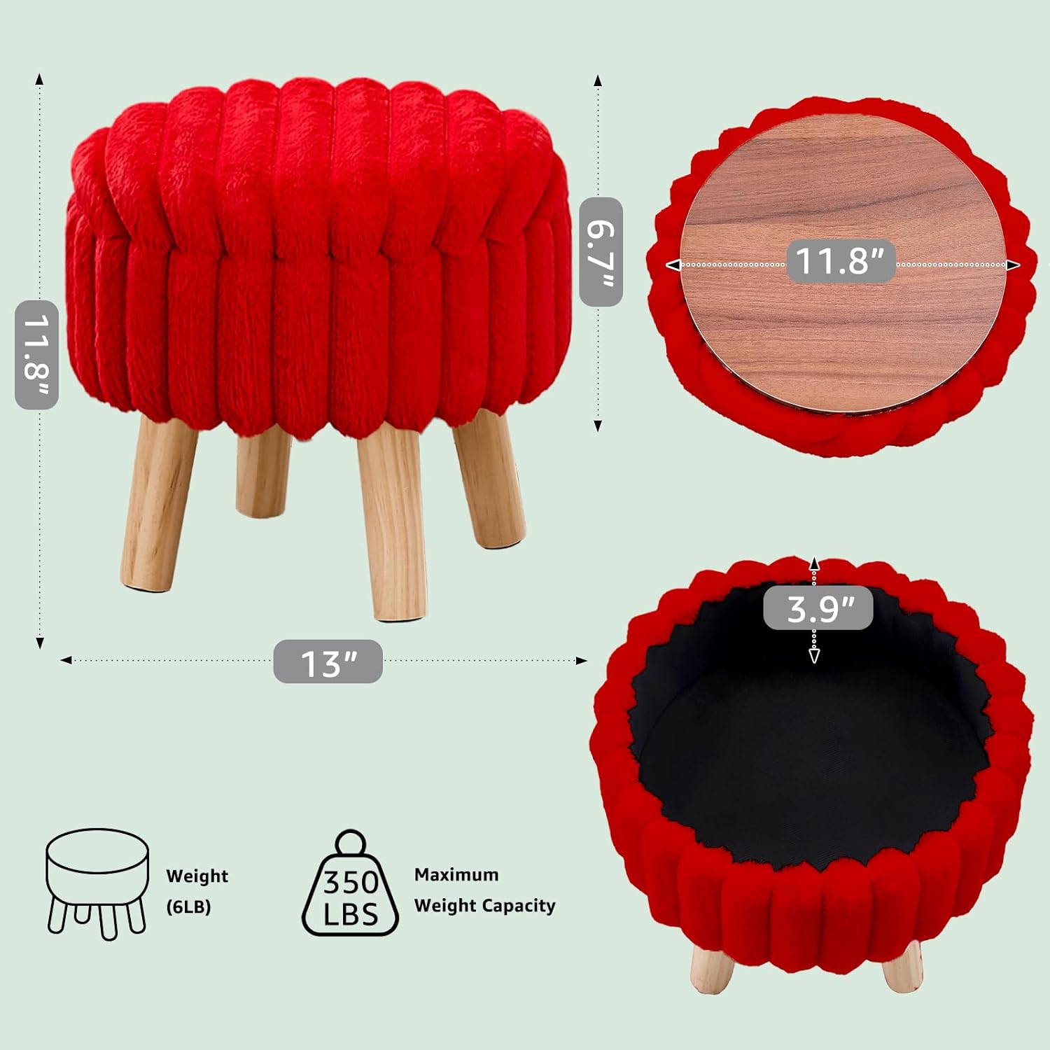 Wimarsbon Storage Ottoman,Soft Faux Fur Footstool with Padded Seat, Small Reading Vanity Chair, Footrest with Wood Tray for Couch, Mini Coffee Table or Display Stand (Red, Round Storage)