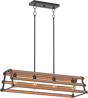 Inlight 34" Wide Farmhouse 4-Light Kitchen Island Pendant Light, Textured Black and Faux Painted Wood Finish, Rustic and Industrial Design Linear Chandelier for Dining Room, IN-0335-4-WD