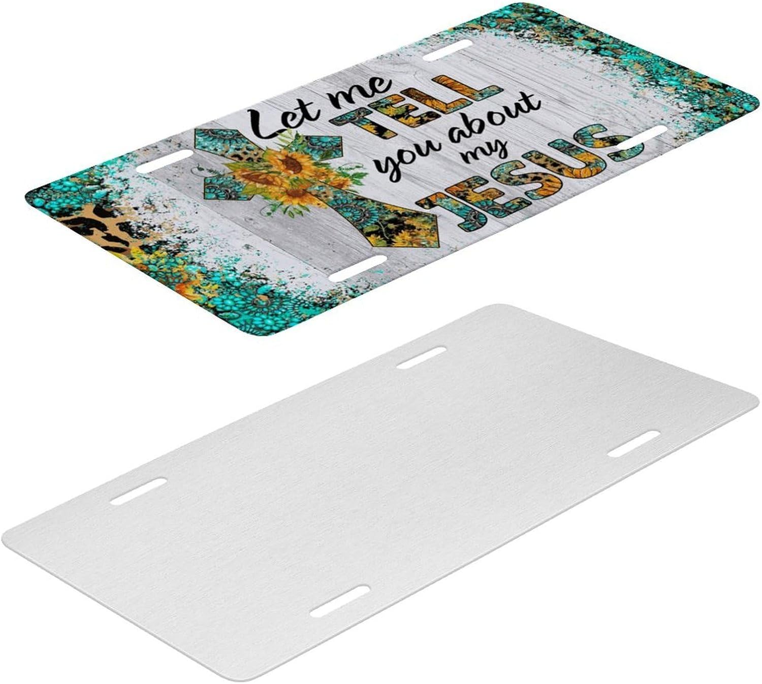 Christian License Plate for Women – Let Me Tell You About My Jesus Floral Cross Car Tag – Turquoise Rustic Western Style Front Plate for Truck SUV Decoration