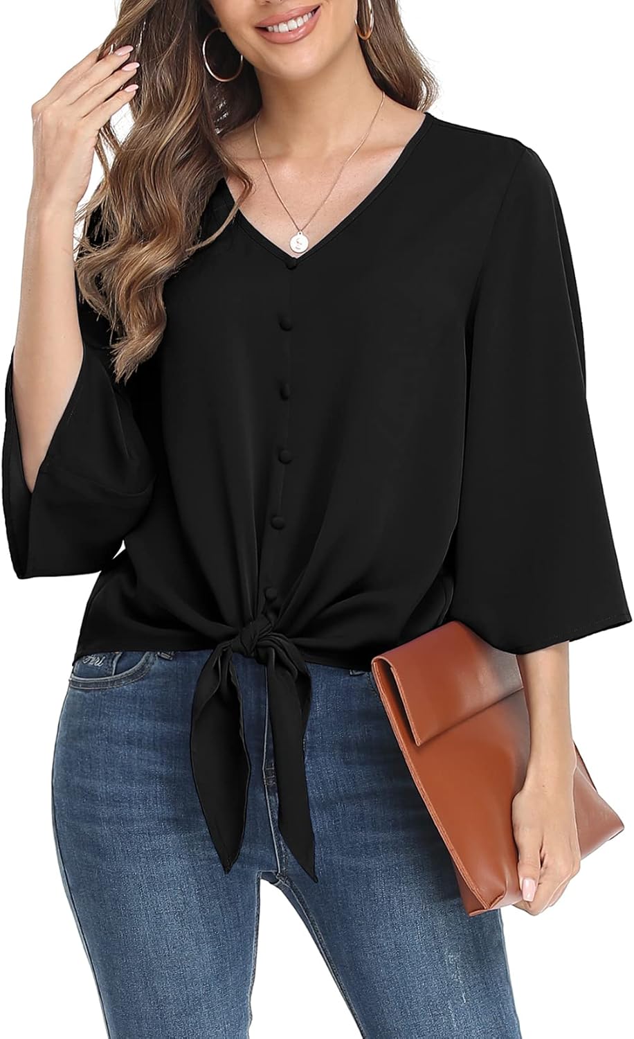 VIISHOW Women's Button V Neck Chiffon Tops 3/4 Bell Sleeve Tie Knot Casual Blouses Loose Summer Shirts
