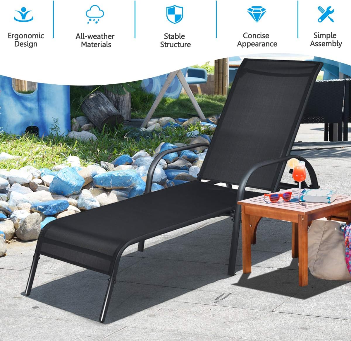 Giantex 2 Pcs Chaise Lounge Chair, Adjustable Reclining Lounge Chairs Patio Furniture, Backyard Lawn Sling Chaise w/Adjustable Back, Folding Recliners for Outdoor Beach Yard Pool (Black)