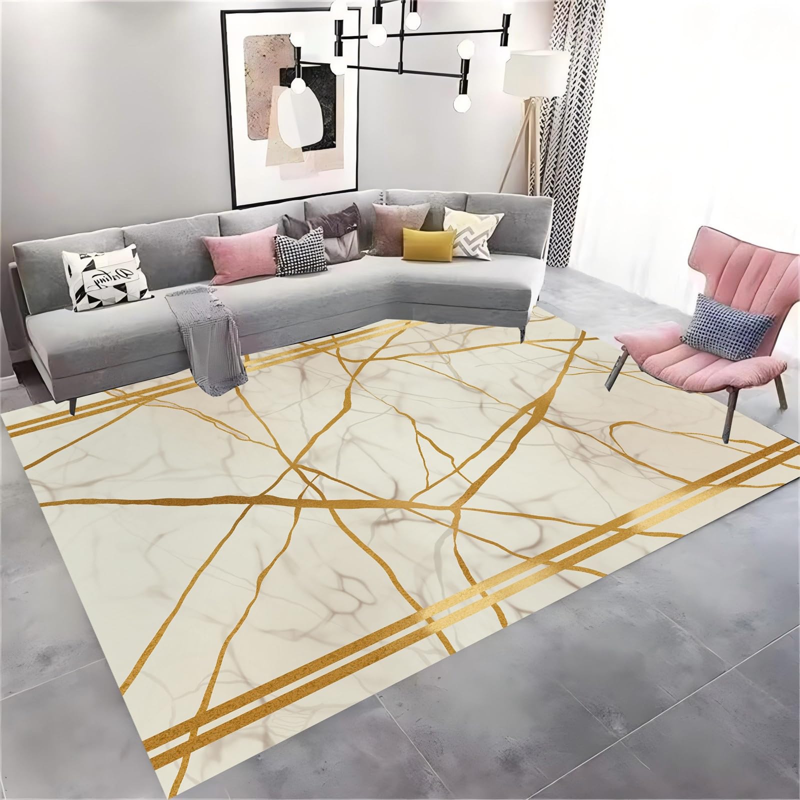 HONGXIU Cream Gold Luxury Pattern Area Carpet, 180x260cm, Abstract Marble Crack Carpet for Bedroom, Washable Easy Clean Gold Rugs for Indoor, Fade Resistant Soft Reduce Noise Rug Home Decor