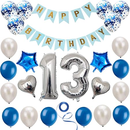 Haosell 13 Anniversaire Decoration Set Argent Bleu Decoration Anniversaire Fete D Anniversaire Decoration Happy Birthday Banniere 13 Ans Ancien Argent Chiffres Ballons Decoration Pour Fille Garcon Amazon Fr Cuisine Et Maison