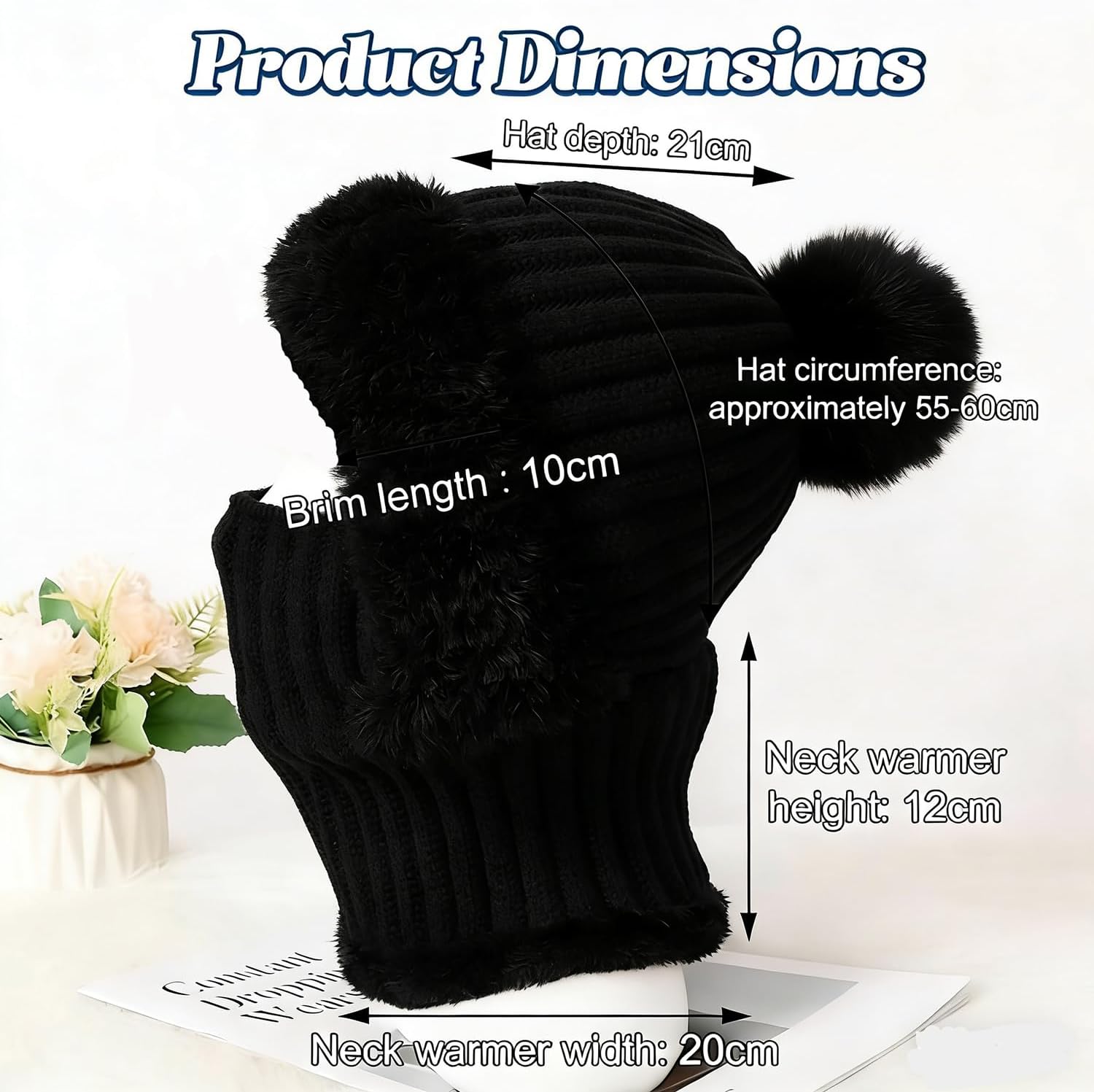 3 in 1 Beanie Hat for Men&Women,Beanie hat with Scarf and mask,Winter Warm Knitted hat Black - Image 2