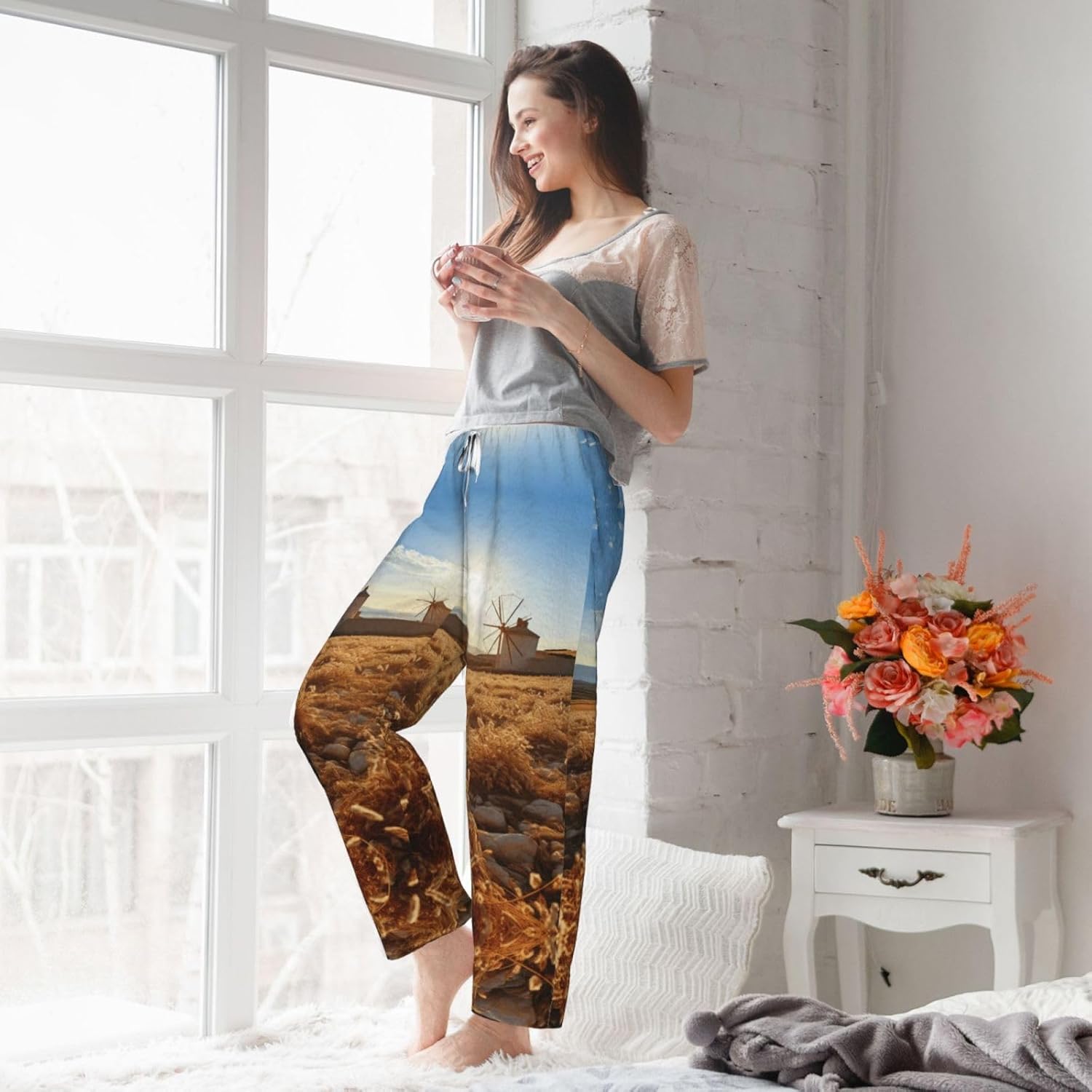 Sunset Windmill Print Cozy Flannel Pajama Pants For Women,Warm Christmas Pj Pants,Cute Fleece Pajamas
