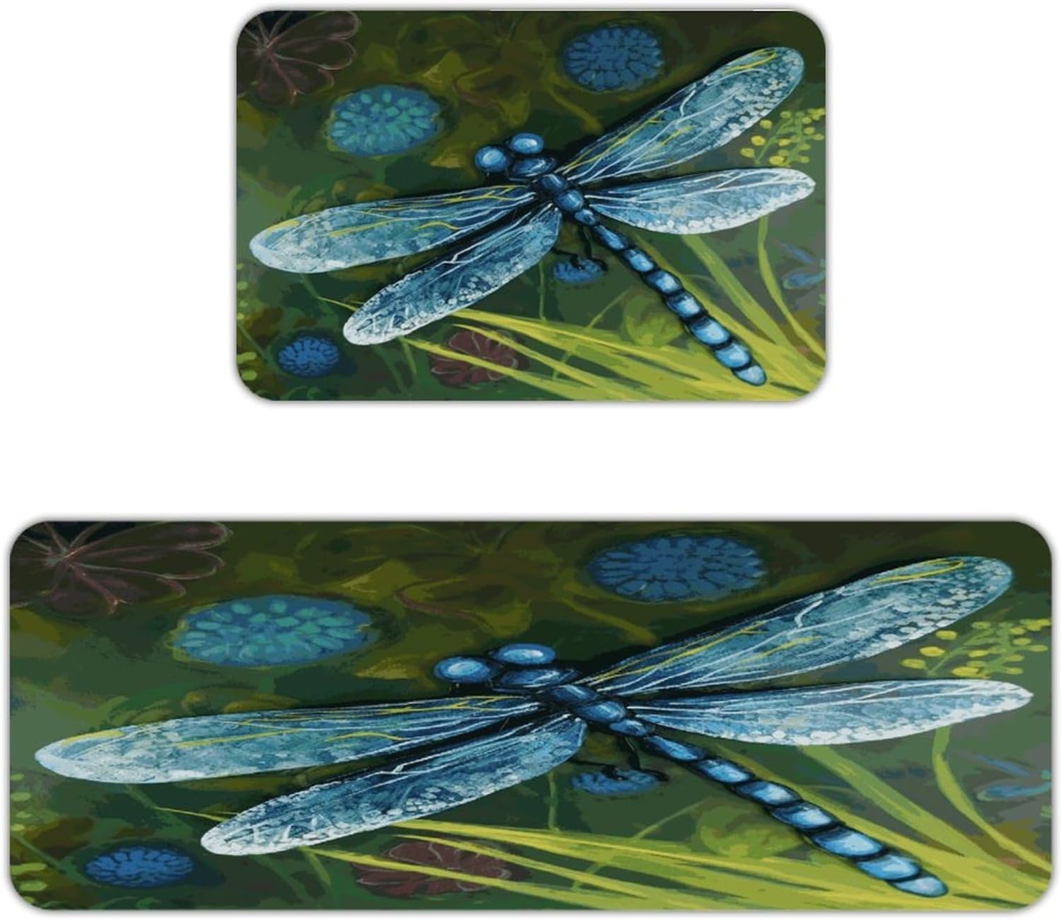 Hand Painted Blue Dragonfly Kitchen Mat Kitchen Rug Set | Kitchen Rugs Flannel Velvety Washable breathable Water Absorbent Soft ，kitchen utensils for Kitchen, Floor,Laundry