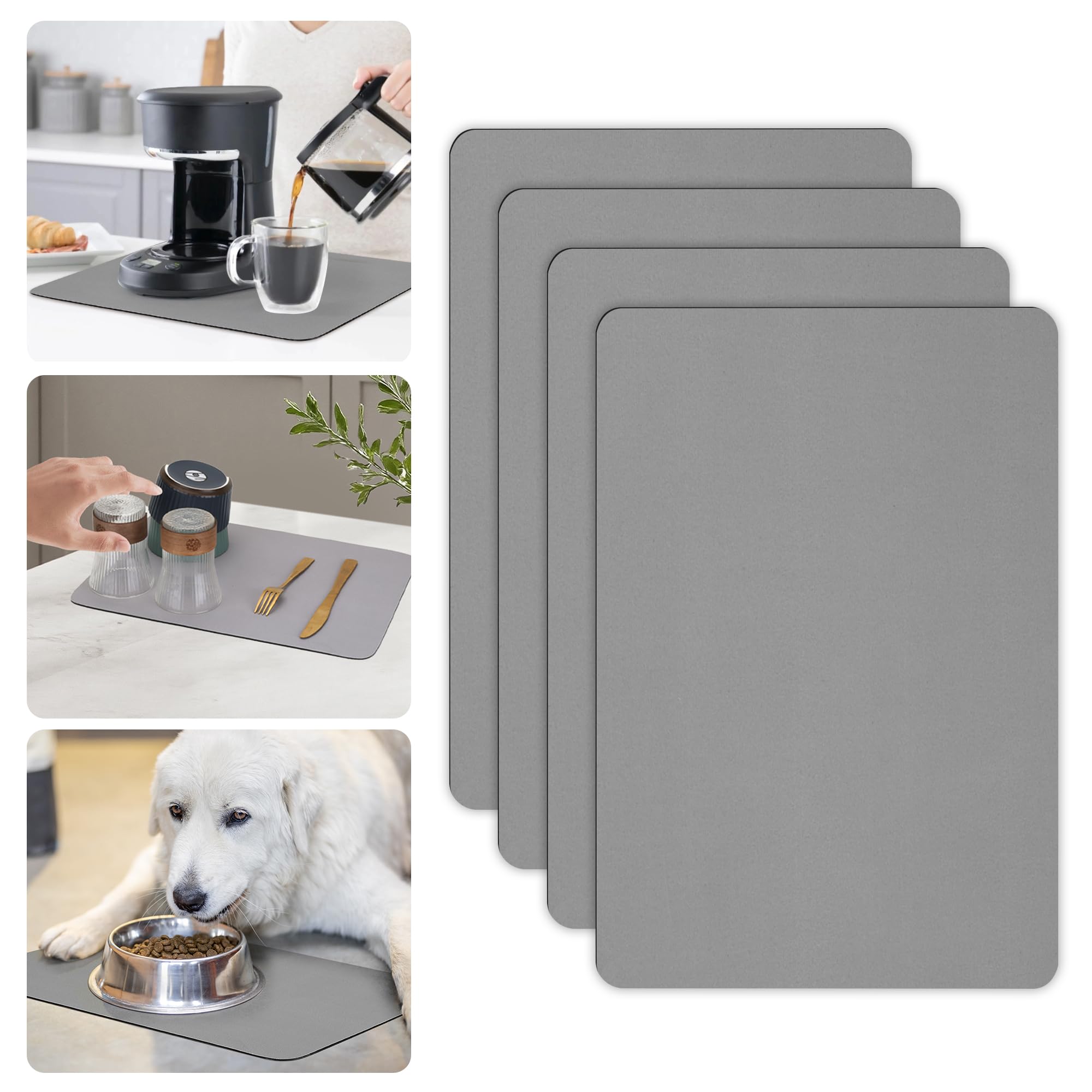 Aramanara 4 Pcs Absorbent Drying Mats for Kitchen Counter, 30 x 40 cm Draining Board Mat, Non Slip Dish Drying Mats, Coffee Machine Mat for Worktops Drainer Bar(Grey)