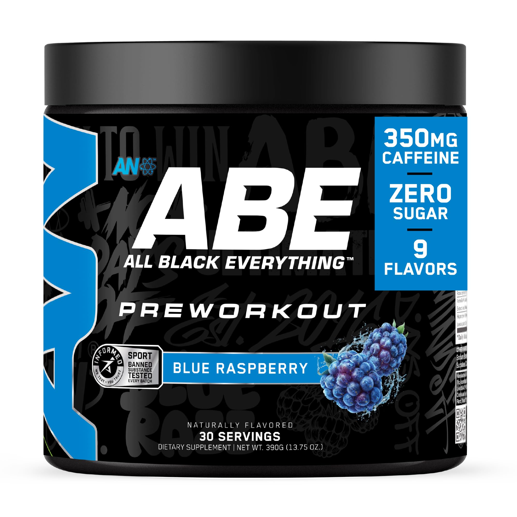ABE all black everything Pré-treino em pó com cafeína 350 mg, citrulina malato 6.000 mg e beta-alanina 3.000 mg, 30 porções