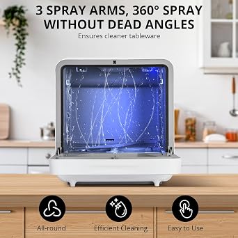 Portable Countertop Dishwasher,6 Washing Programs,2 Water Inlet Methods,3 Spray Arms,Low Noice,High Temperature Drying,Touch Control,Save Water & Easy to Use,for Home, Apartments, RVs