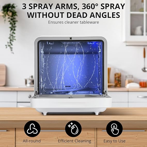 Portable Countertop Dishwasher,6 Washing Programs,2 Water Inlet Methods,3 Spray Arms,Low Noice,High Temperature Drying,Touch Control,Save Water & Easy to Use,for Home, Apartments, RVs